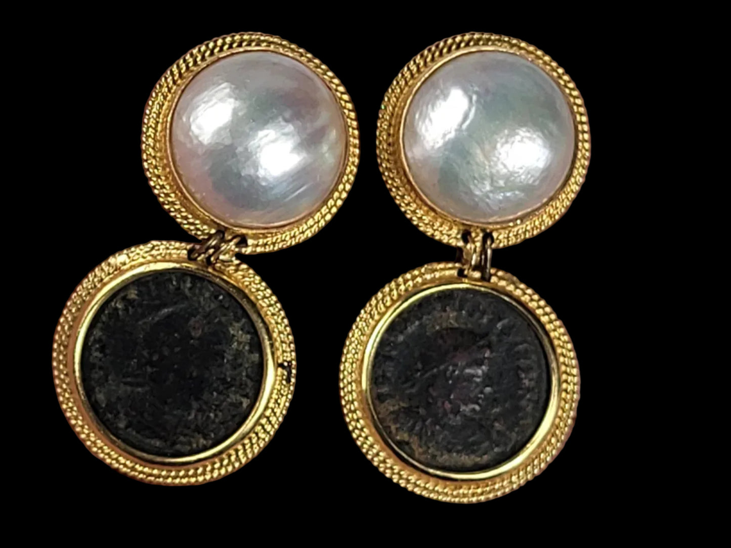 Ancient coin and pearl drop earrings Sku 8729