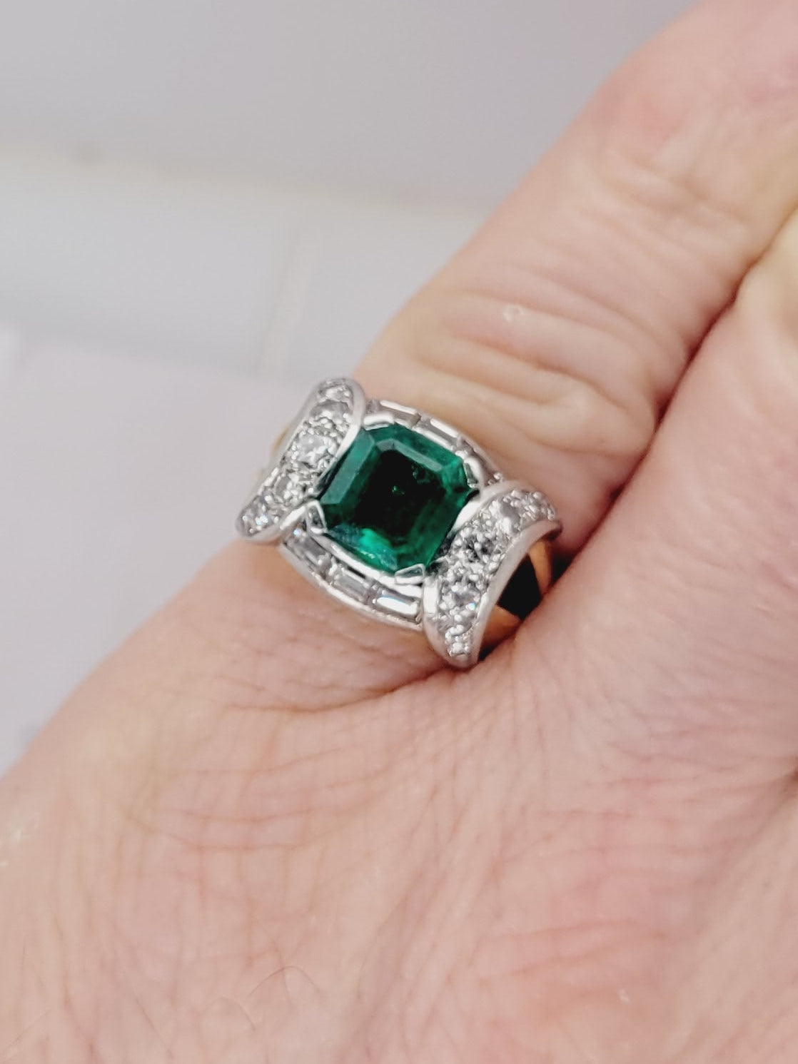 Art deco Columbian emerald and diamond tank ring sku 8742