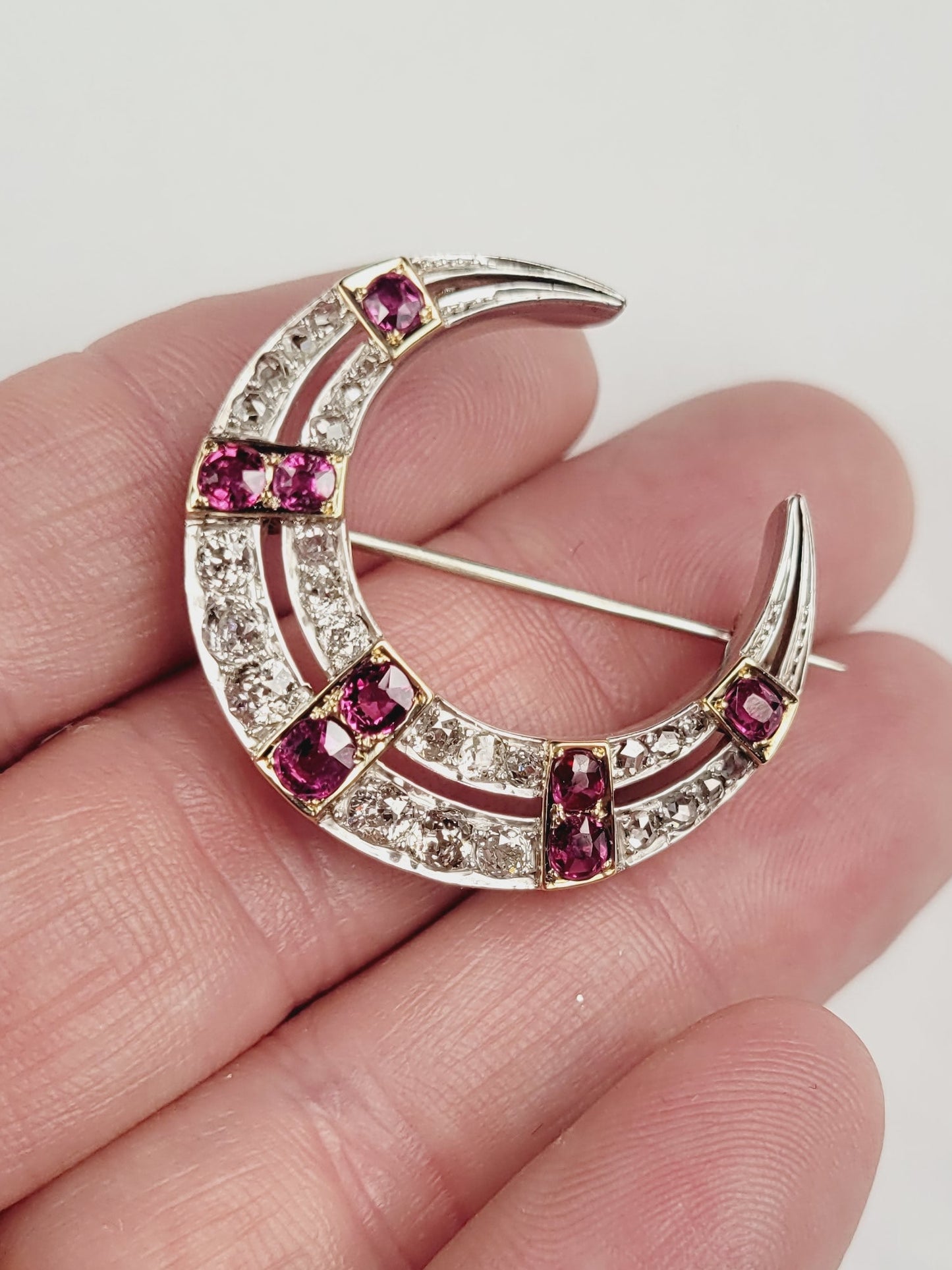 Antique Victorian ruby and diamond crescent brooch sku 9099