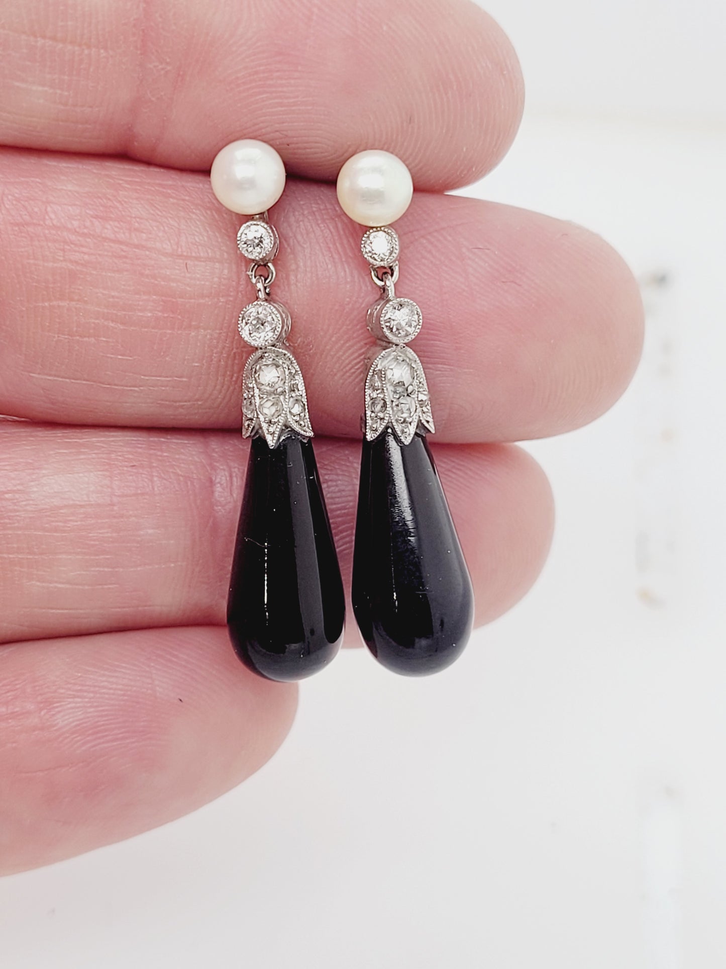 Art deco onyx, diamond and pearl drop earrings sku 8818
