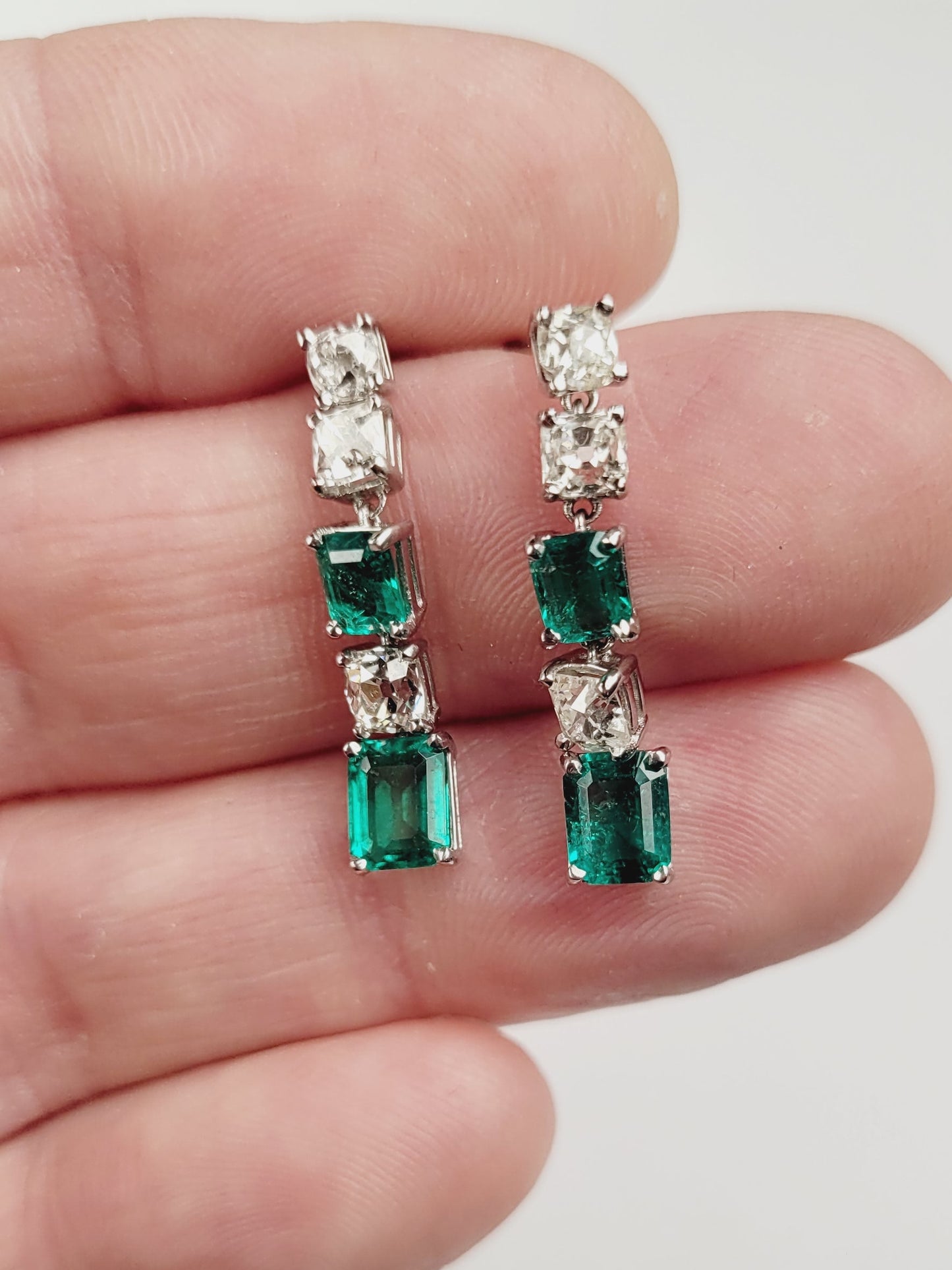 Gem emerald and old mine cut diamond drop earrings sku 8971