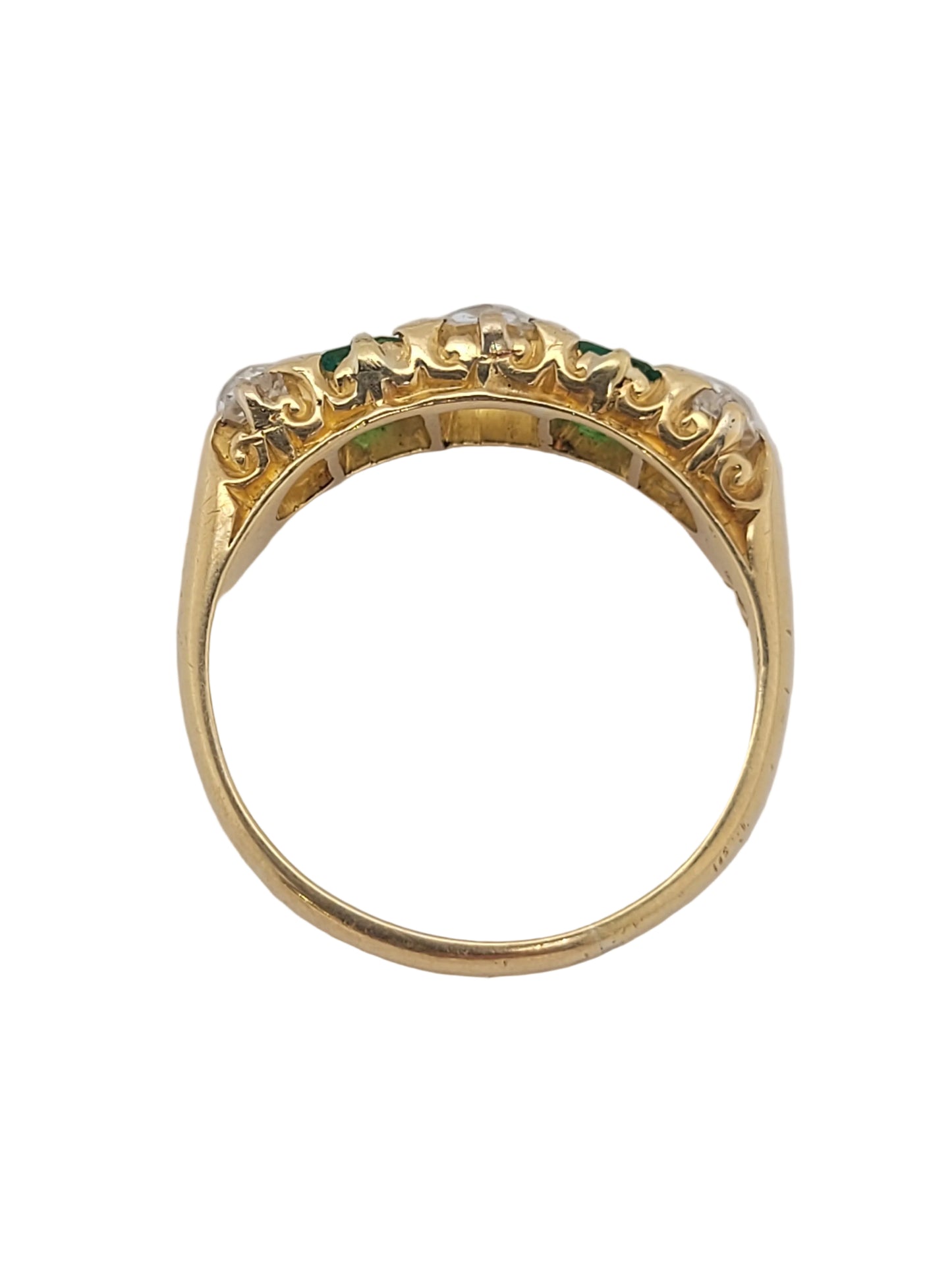 Antique emerald and diamond five stone carved half hoop ring sku 9193