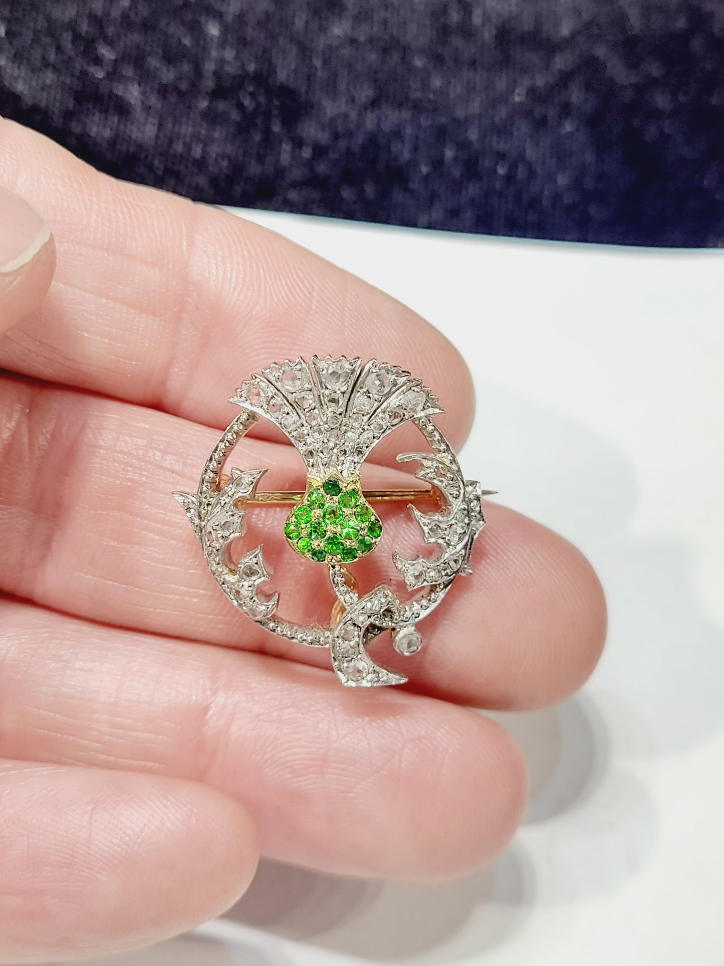 Antique Demantoid garnet and diamond brooch sku 8804