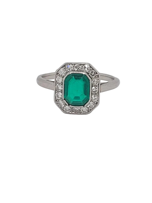 Fine art deco Columbian emerald and diamond engagement ring sku 9075