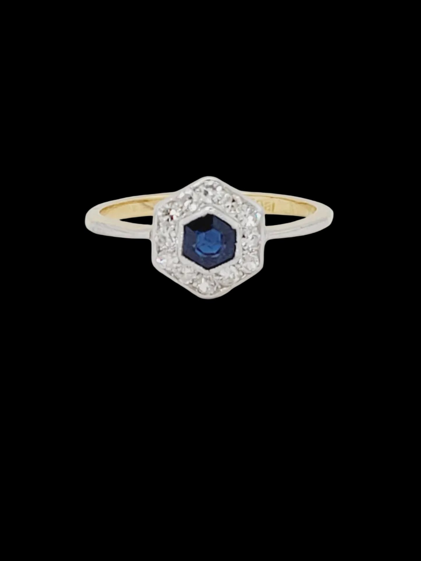 Petite 1920's hexagonal sapphire and diamond cluster ring sku 8822