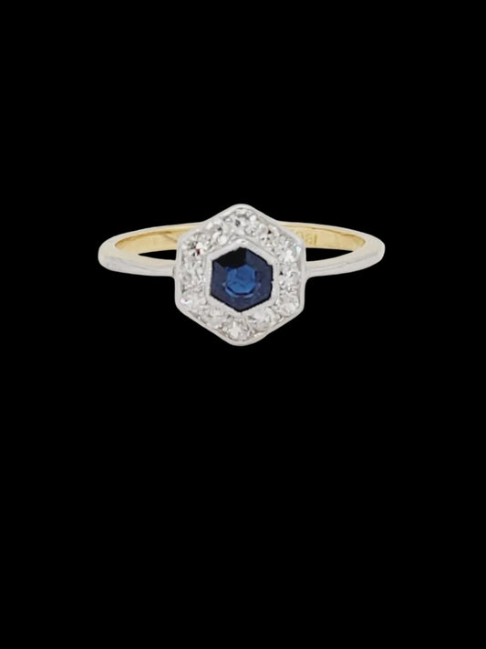 Petite 1920's hexagonal sapphire and diamond cluster ring sku 8822