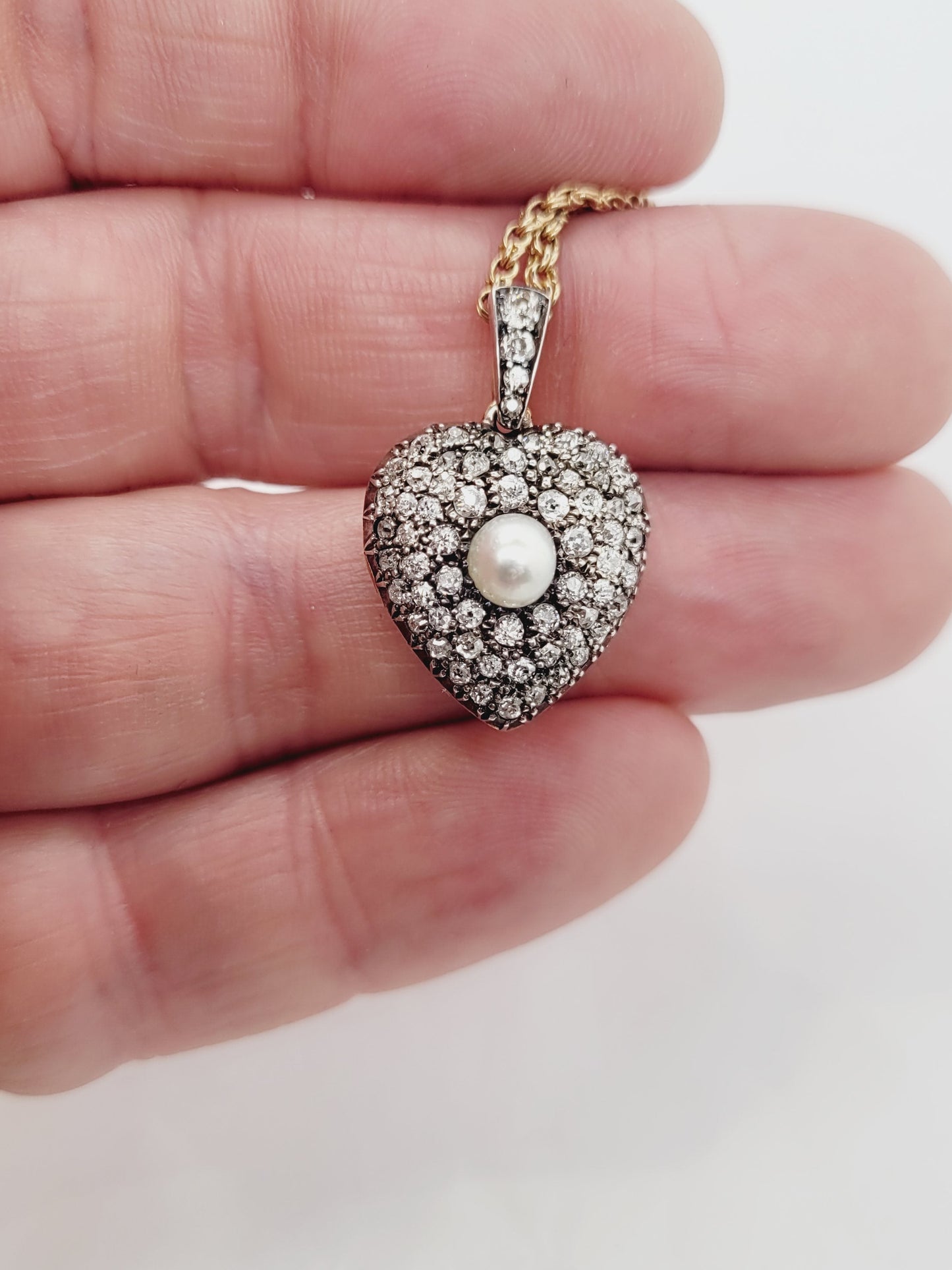 Antique pearl and diamond heart locket pendant with chain sku 8821