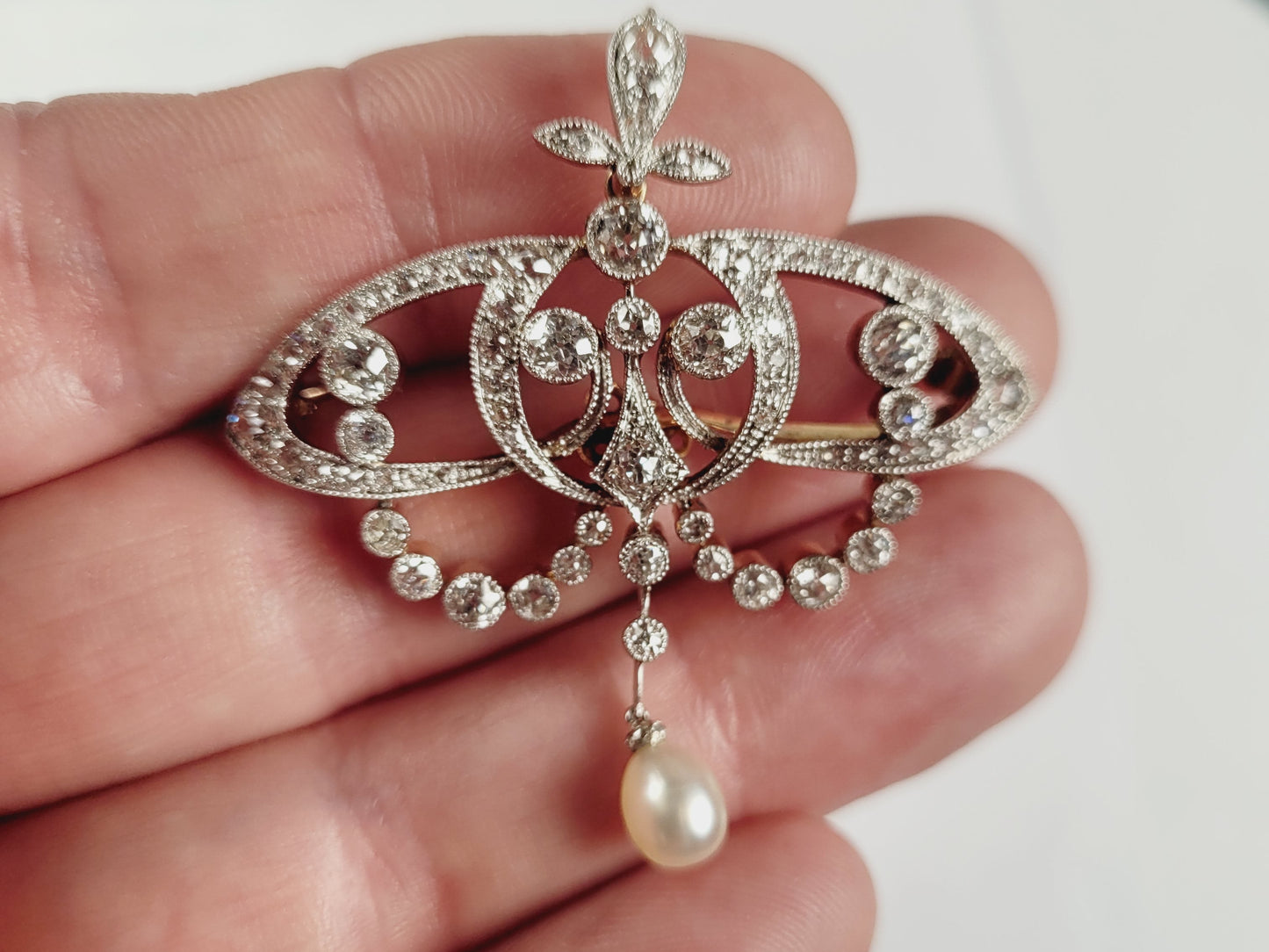 Art nouveau diamond and natural pearl pendant/brooch sku 8907