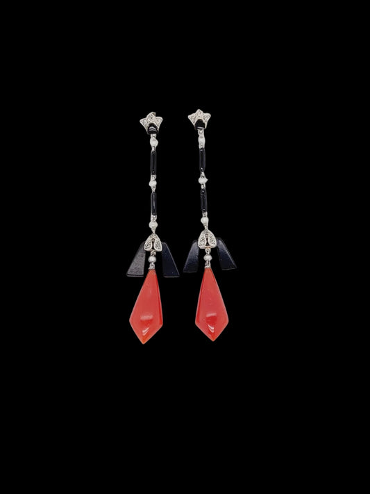 Fine iconic art deco onyx, coral and diamond drop earrings sku 8817