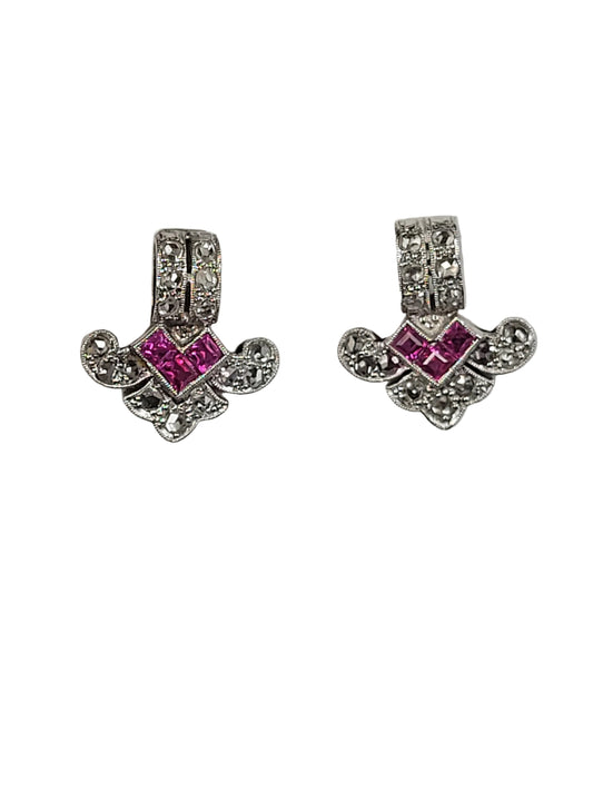 Art deco ruby and diamond geometric stud earrings sku 9189