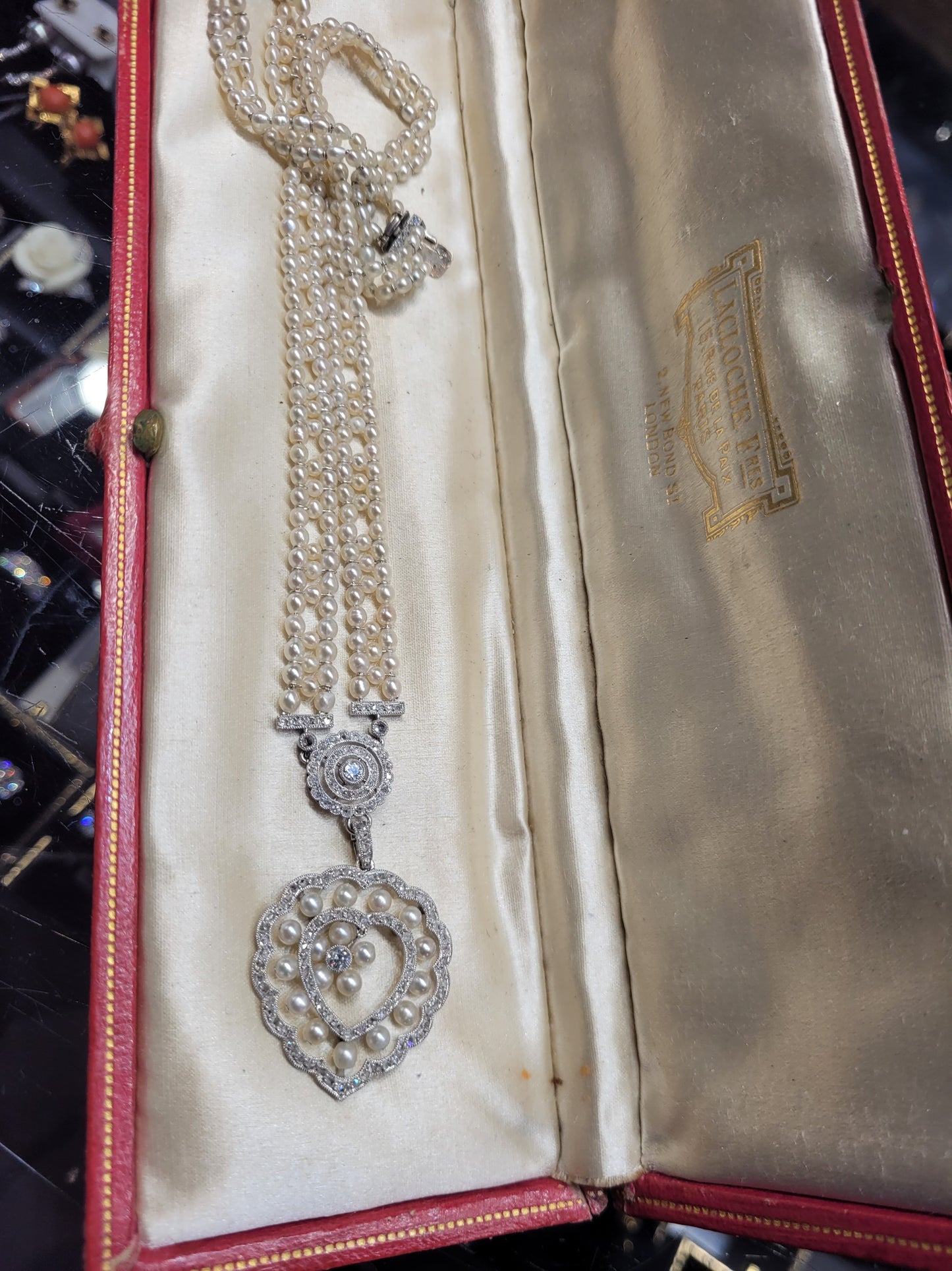 Fine Belle epoque natural pearl and diamond necklace sku 8724