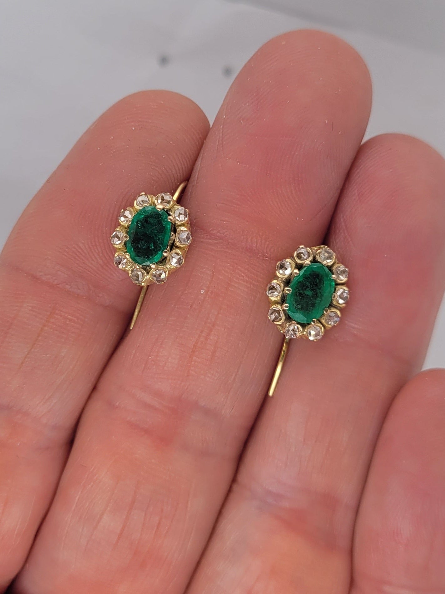 Pair of antique emerald and rose cut diamond earrings sku 8801