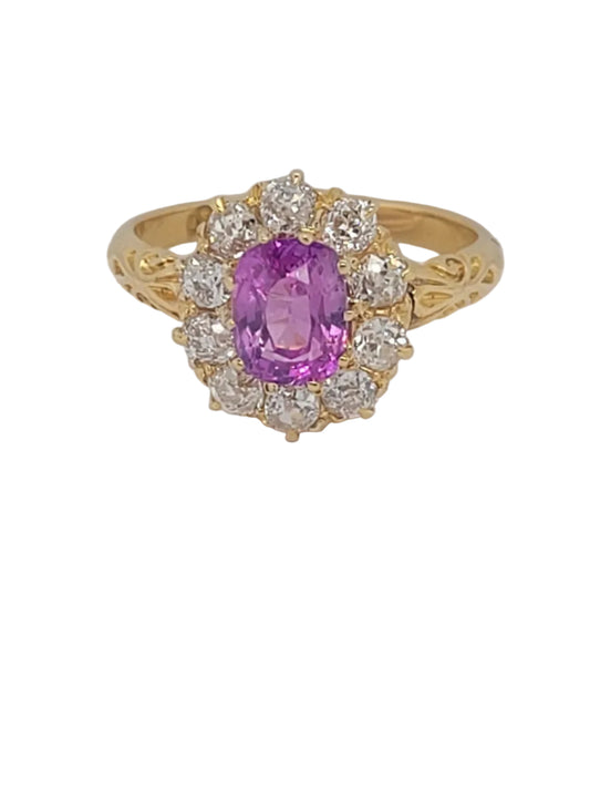 Hot bubble gum pink sapphire and old mine cut diamond cluster engagement ring Sku 9108