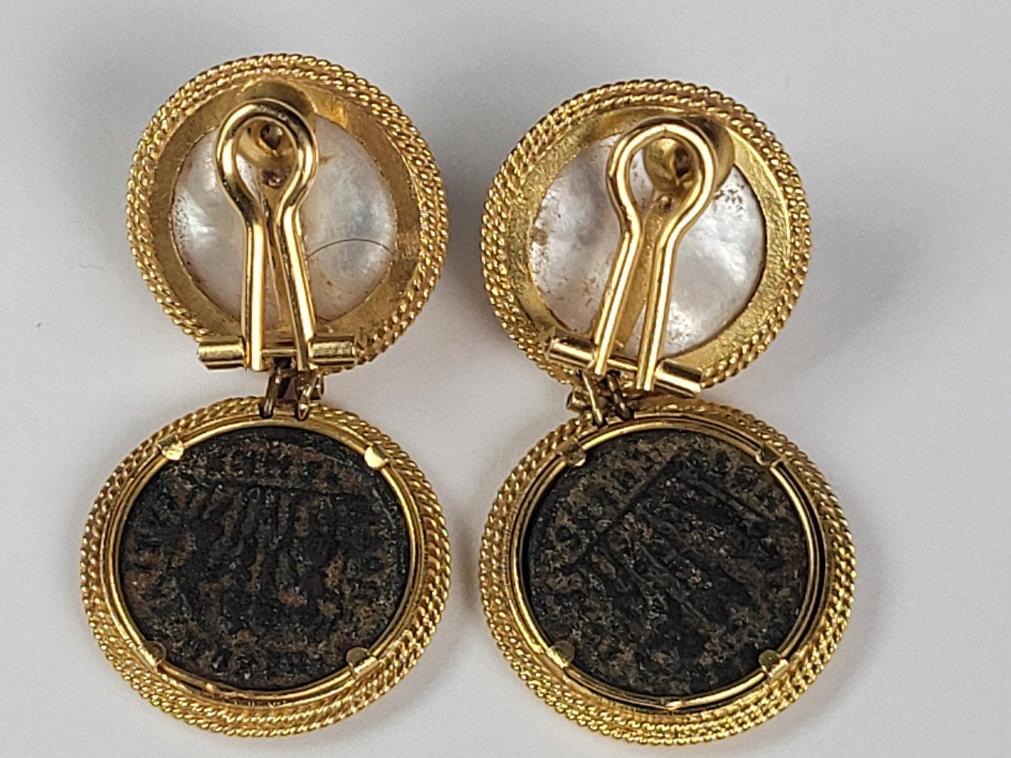 Ancient coin and pearl drop earrings Sku 8729