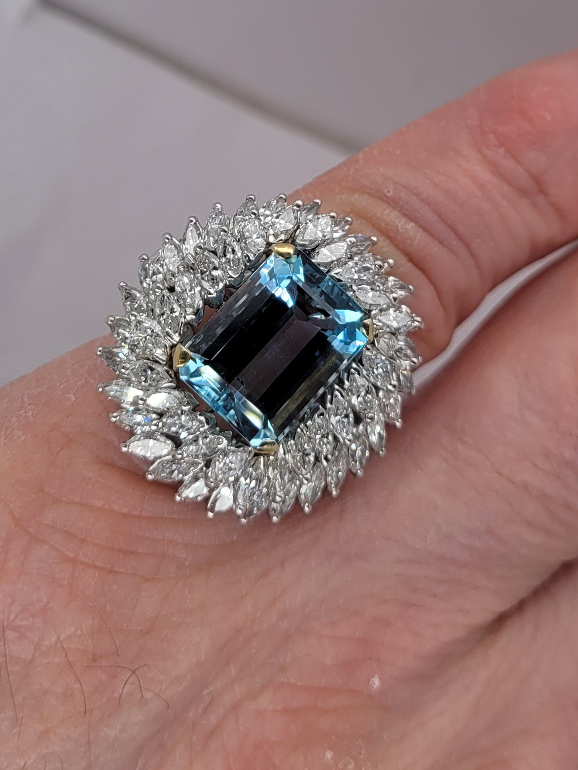 Vintage 1960's aquamarine and marquise diamond dress ring sku 8757