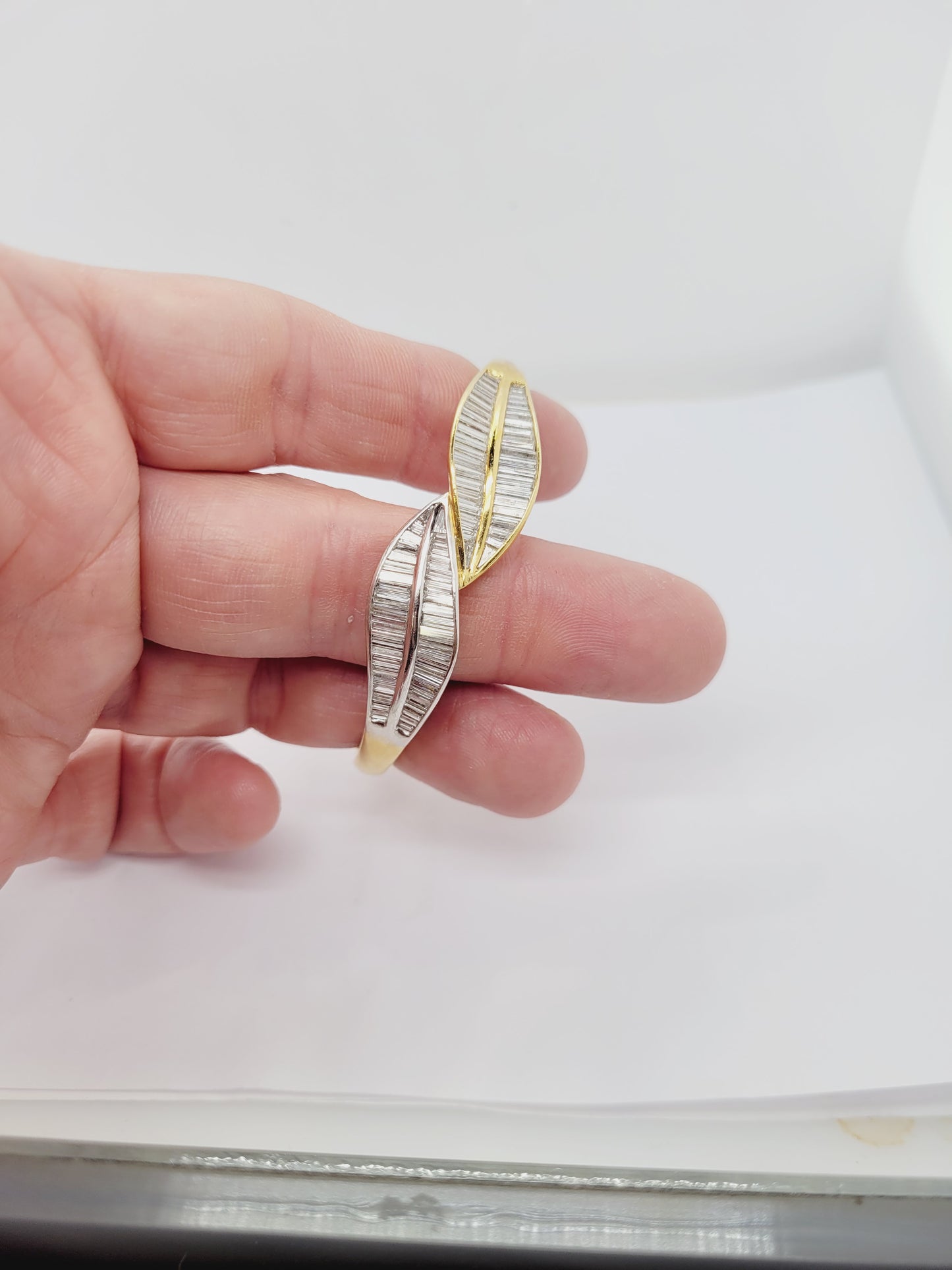 Baguette diamond bi colour gold leaves bangle sku 8691