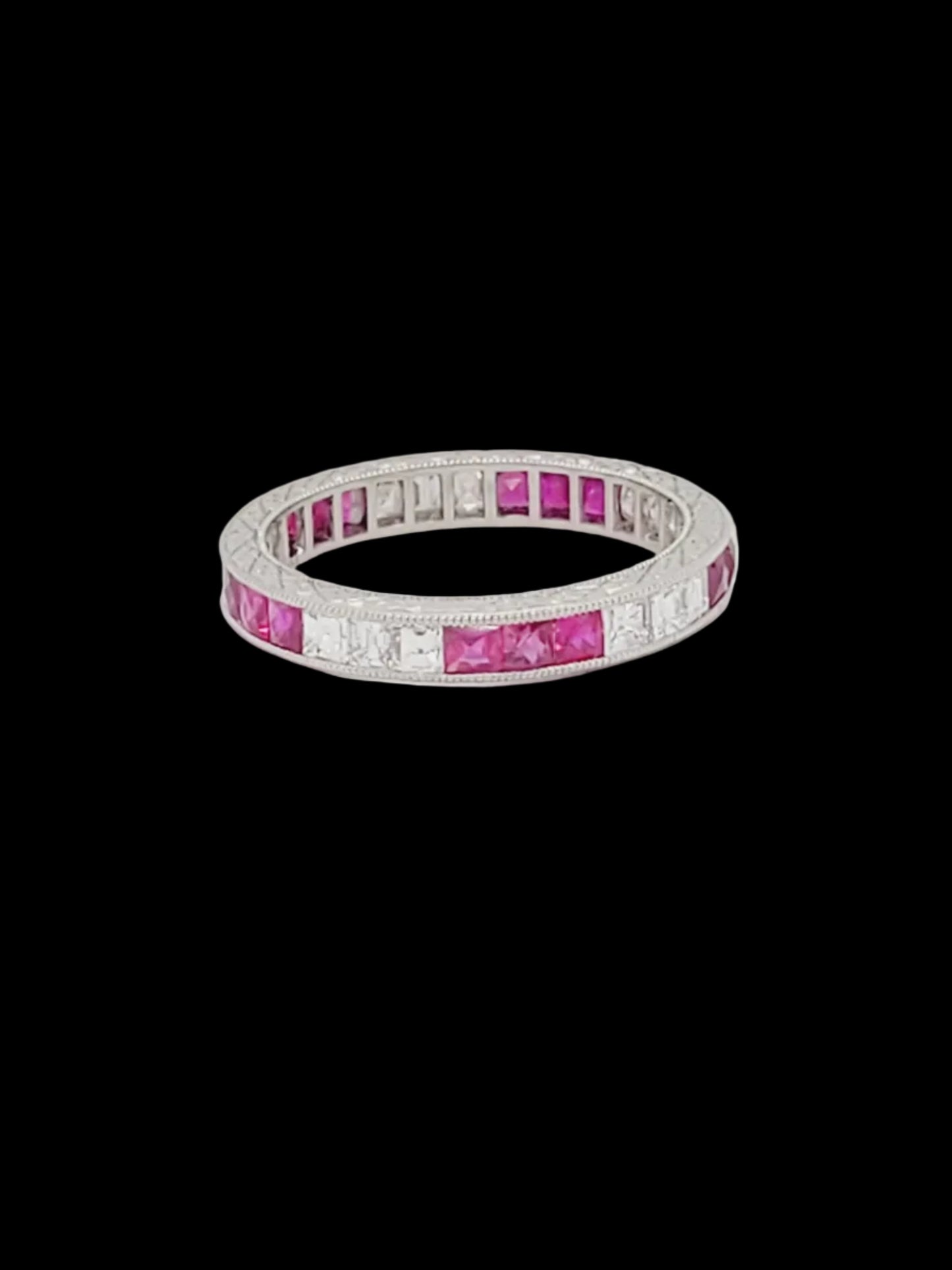 Ruby and diamond engraved platinum eternity band sku 8791