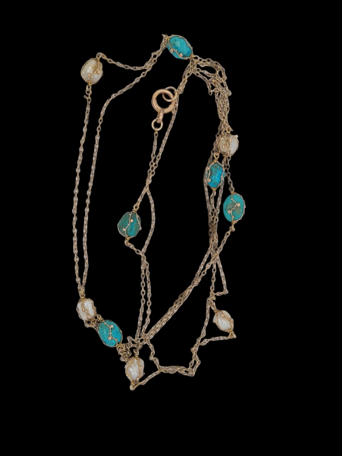 Art nouveau natural pearl and turquoise long guard necklace sku 8533