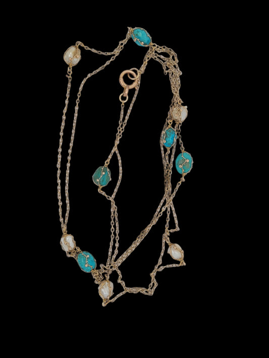 Art nouveau natural pearl and turquoise long guard necklace sku 8533