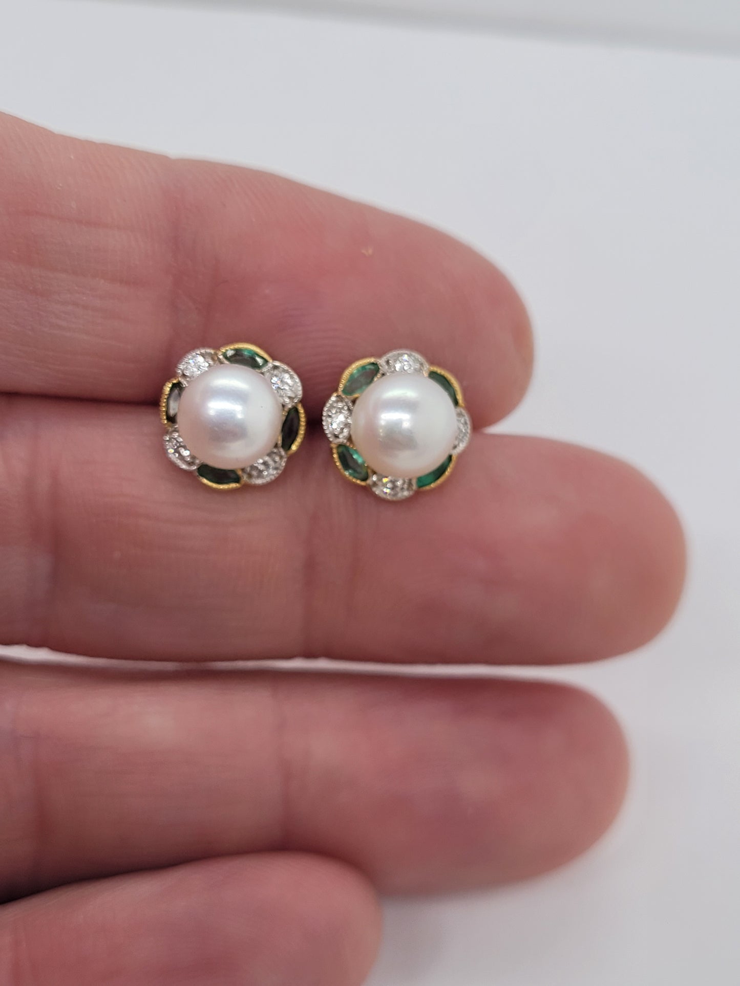 Pearl, emerald and diamond earrings sku 9163