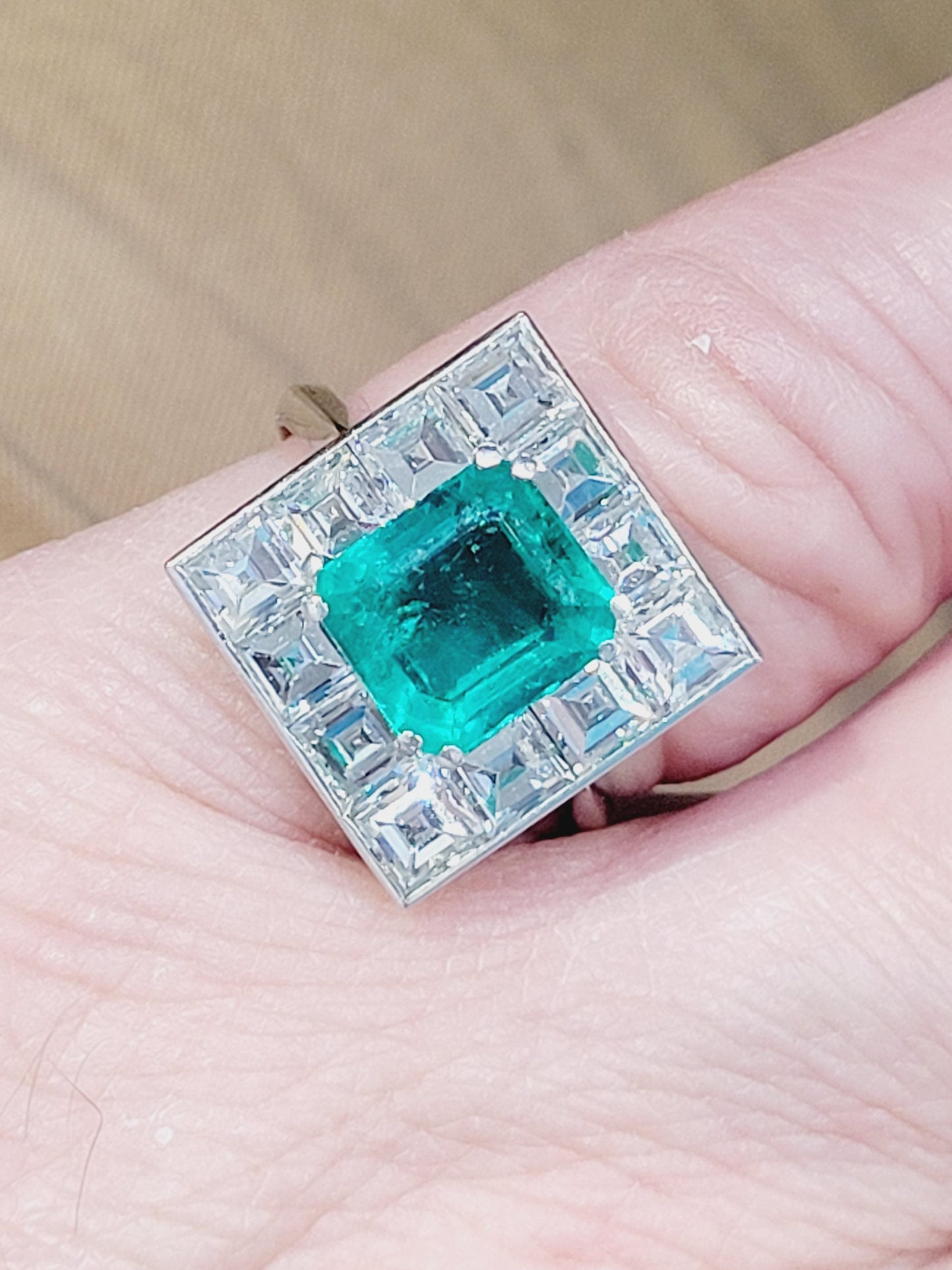 Fine Columbian emerald and square diamond ring sku 9074