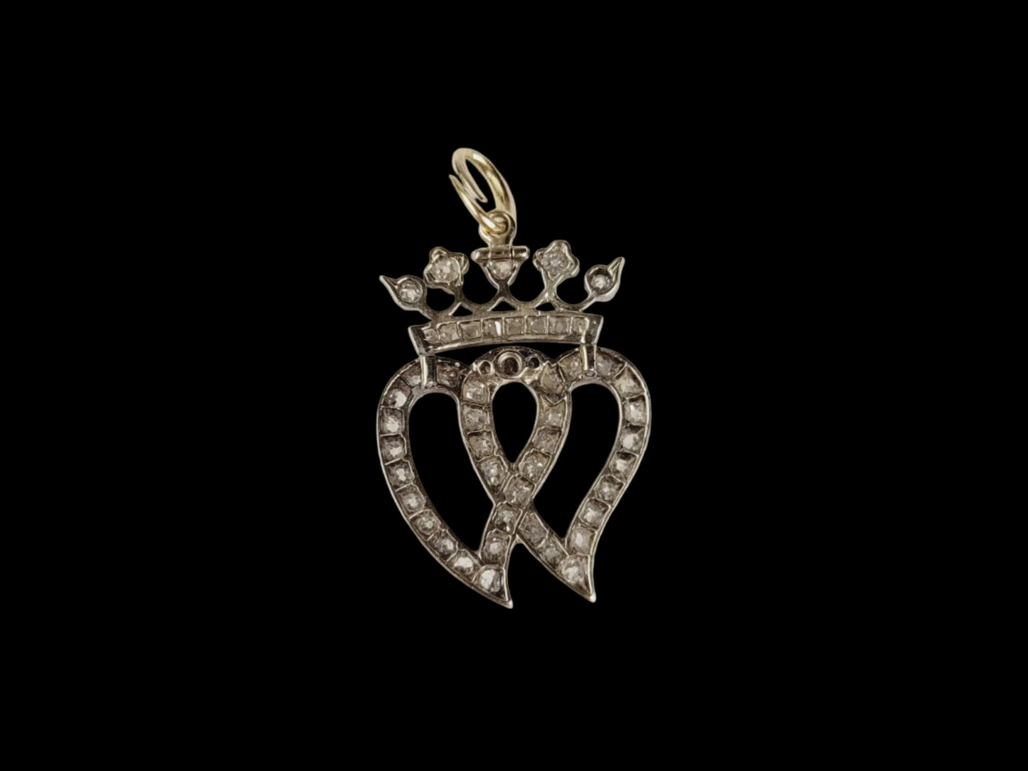 Victorian twin heart and crown old mine cut diamond pendant sku 8841