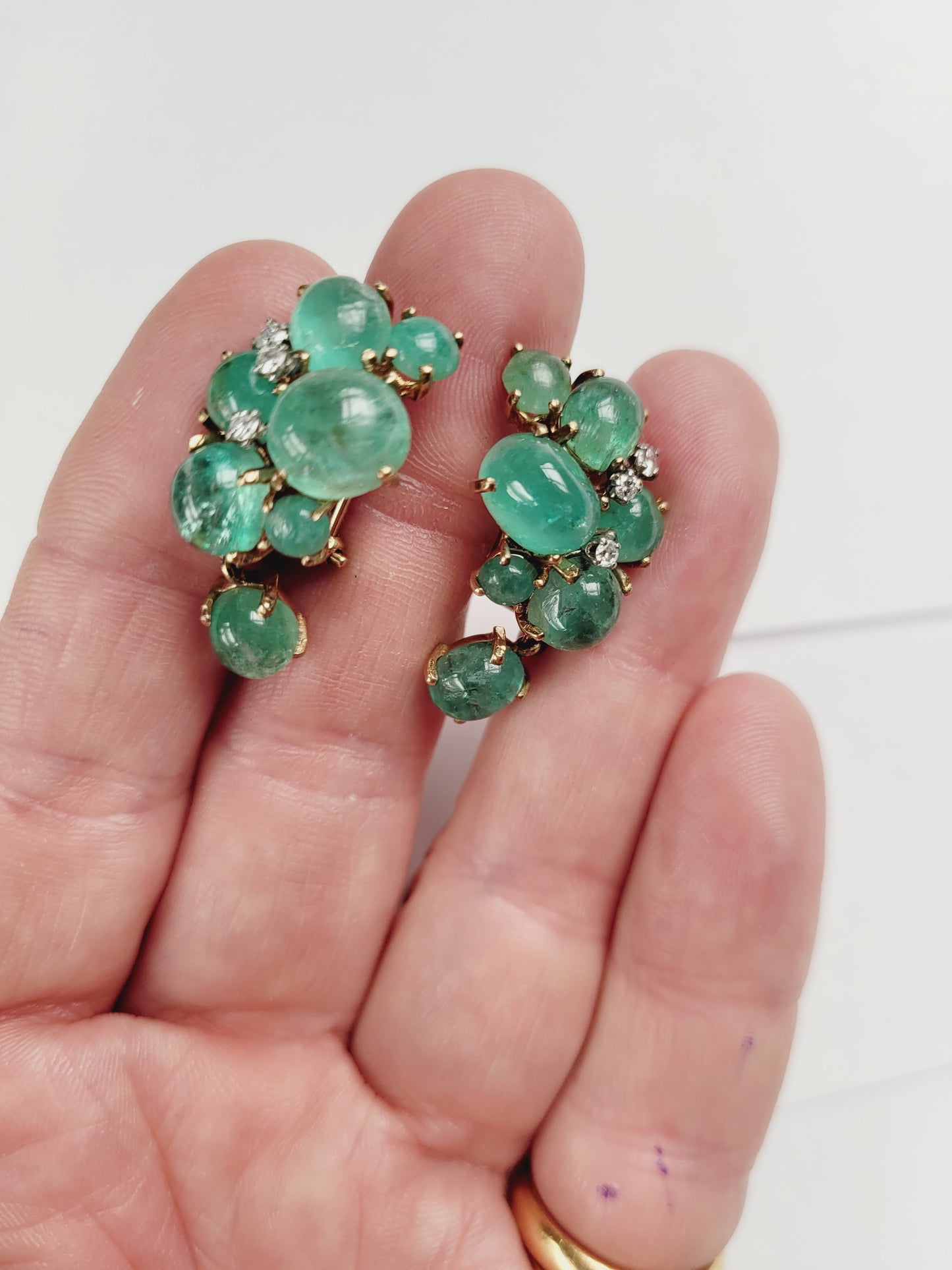 Vintage cabochon emerald and diamond drop earrings sku 8420