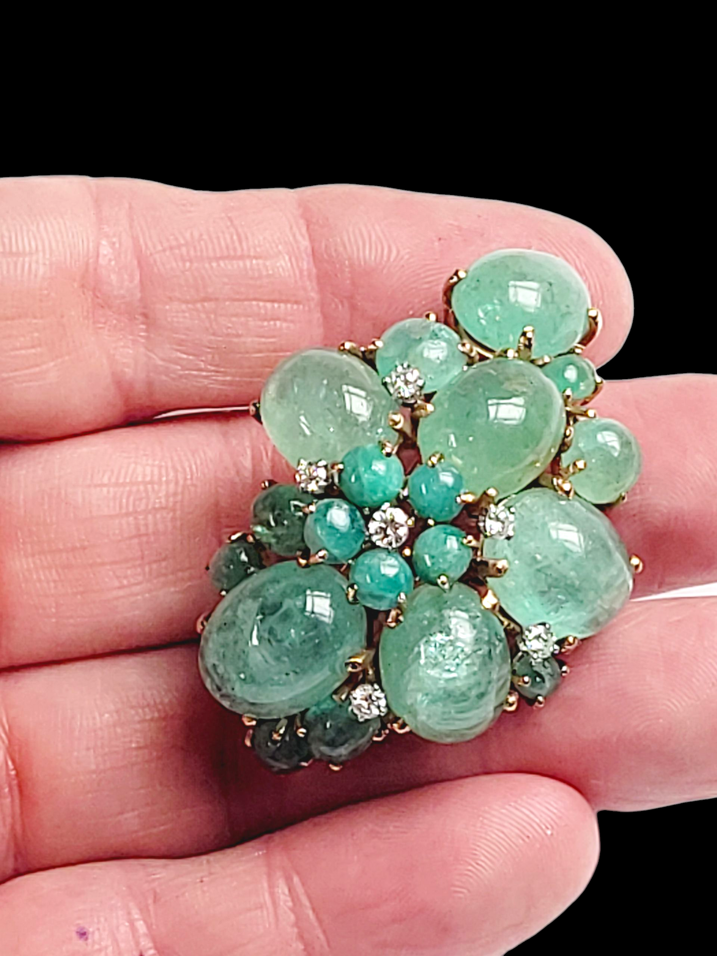 Vintage cabochon emerald and diamond brooch sku 8427