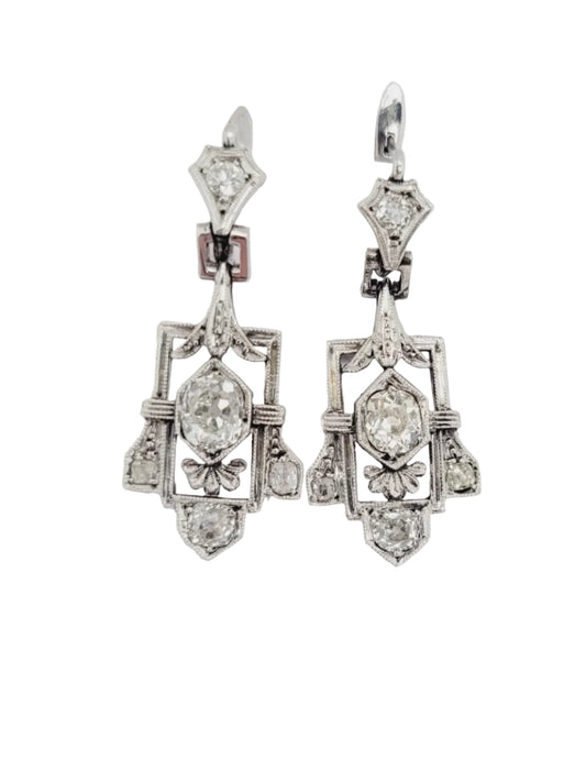 Art deco old mine cut diamond drop earrings sku 9000