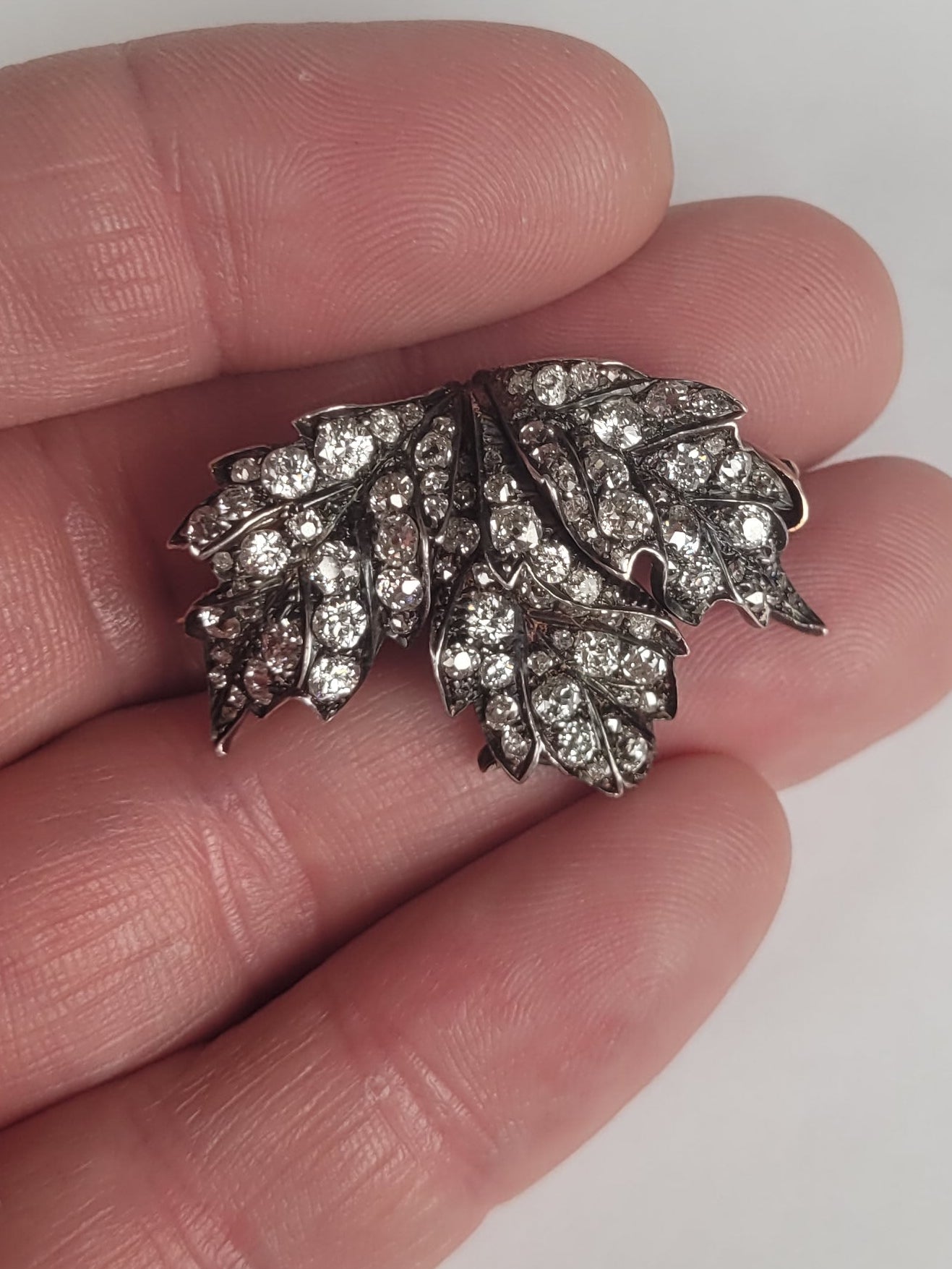 Antique old mine cut diamond three leaf brooch sku 9143