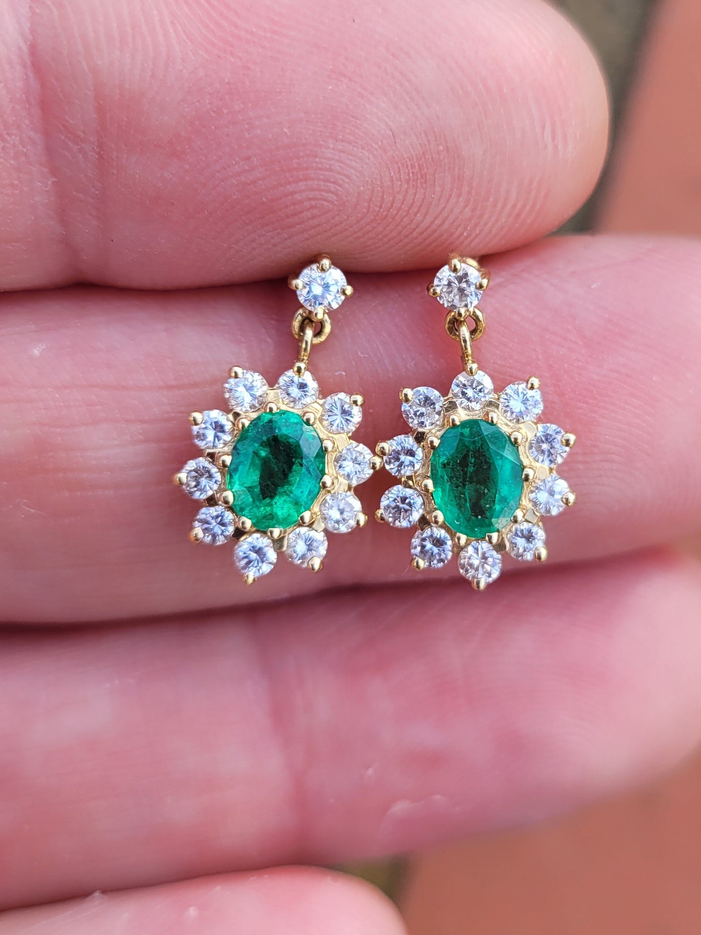 Emerald and diamond cluster drop earrings sku 8997