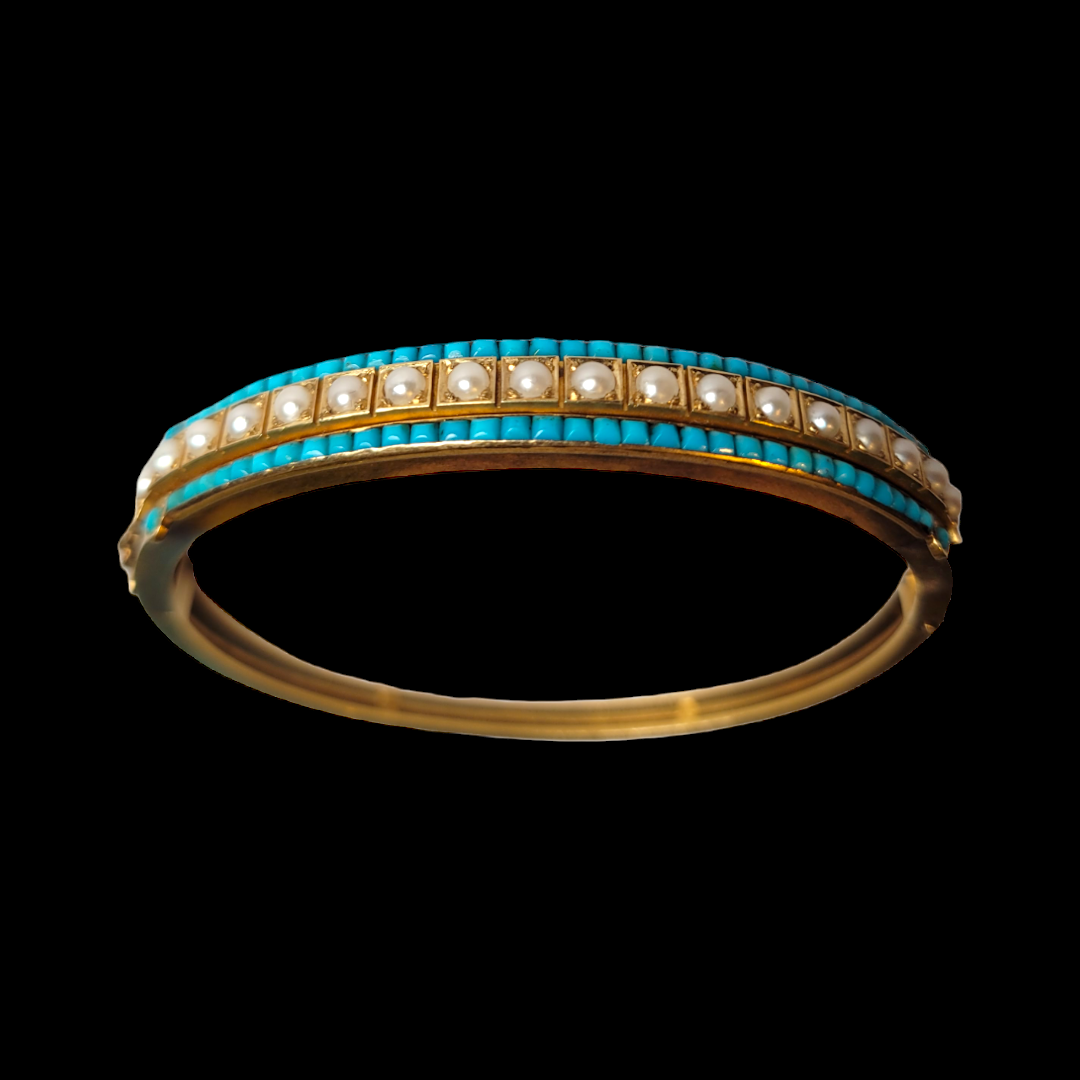 19th century turquoise and natural pearl bangle Sku 5026