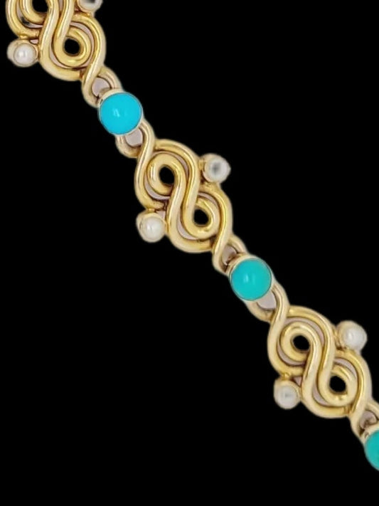 Antique turquoise and natural pearl 15ct gold bracelet sku 8695