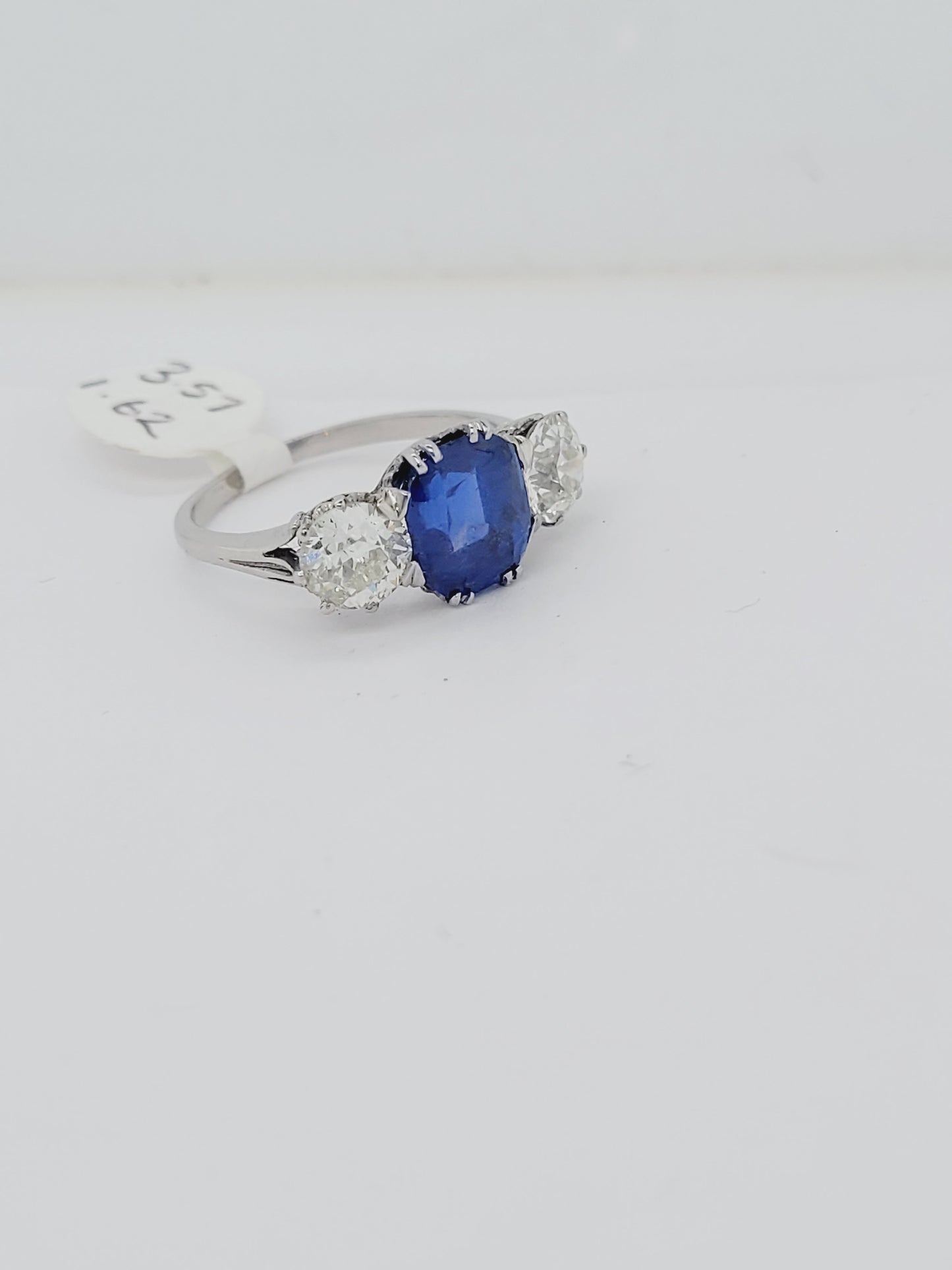 3.57ct Natural Burmese sapphire and diamond trilogy engagement ring sku 8738