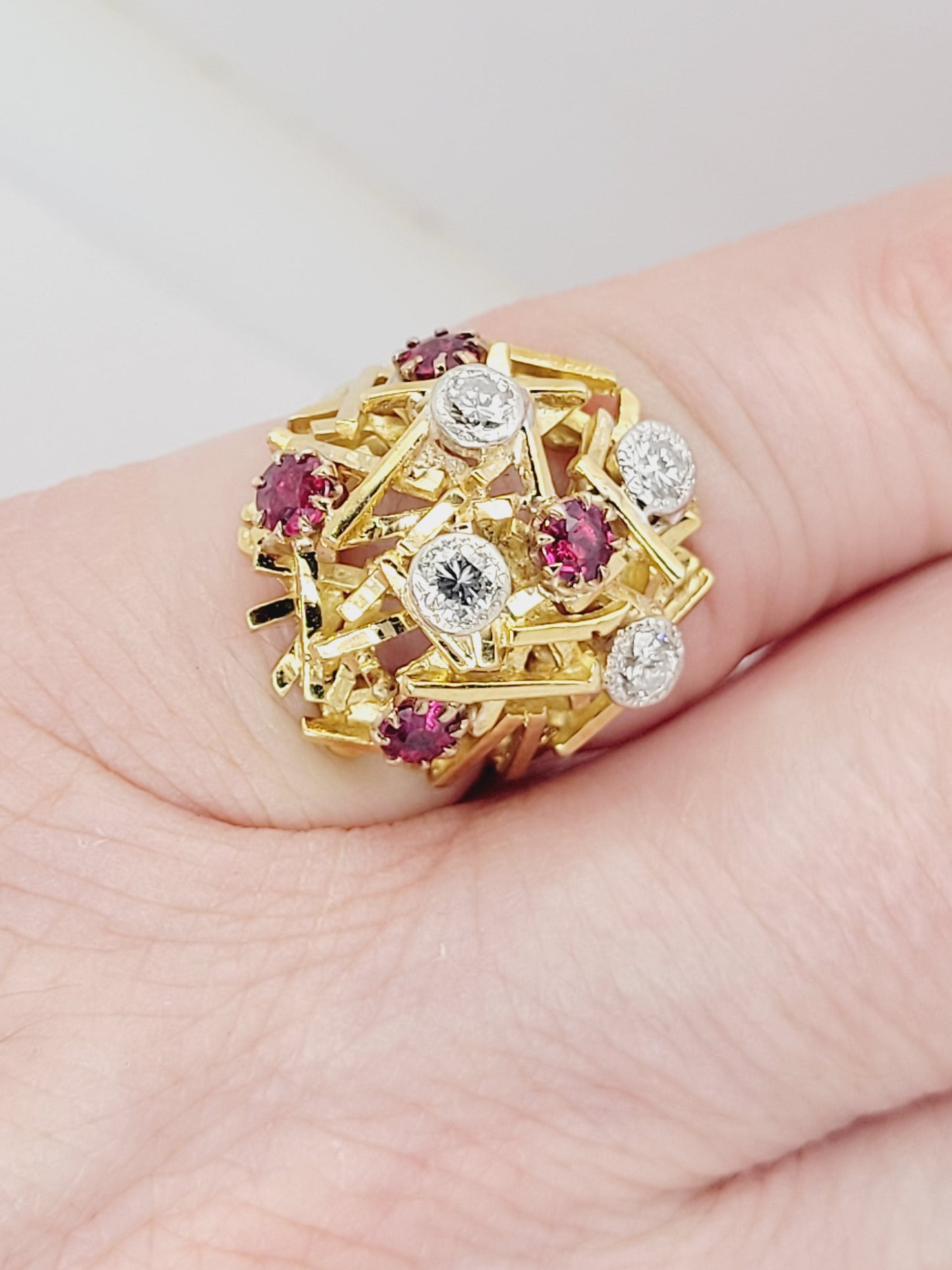 Brutalist 1960's ruby and diamond dress ring sku 8828