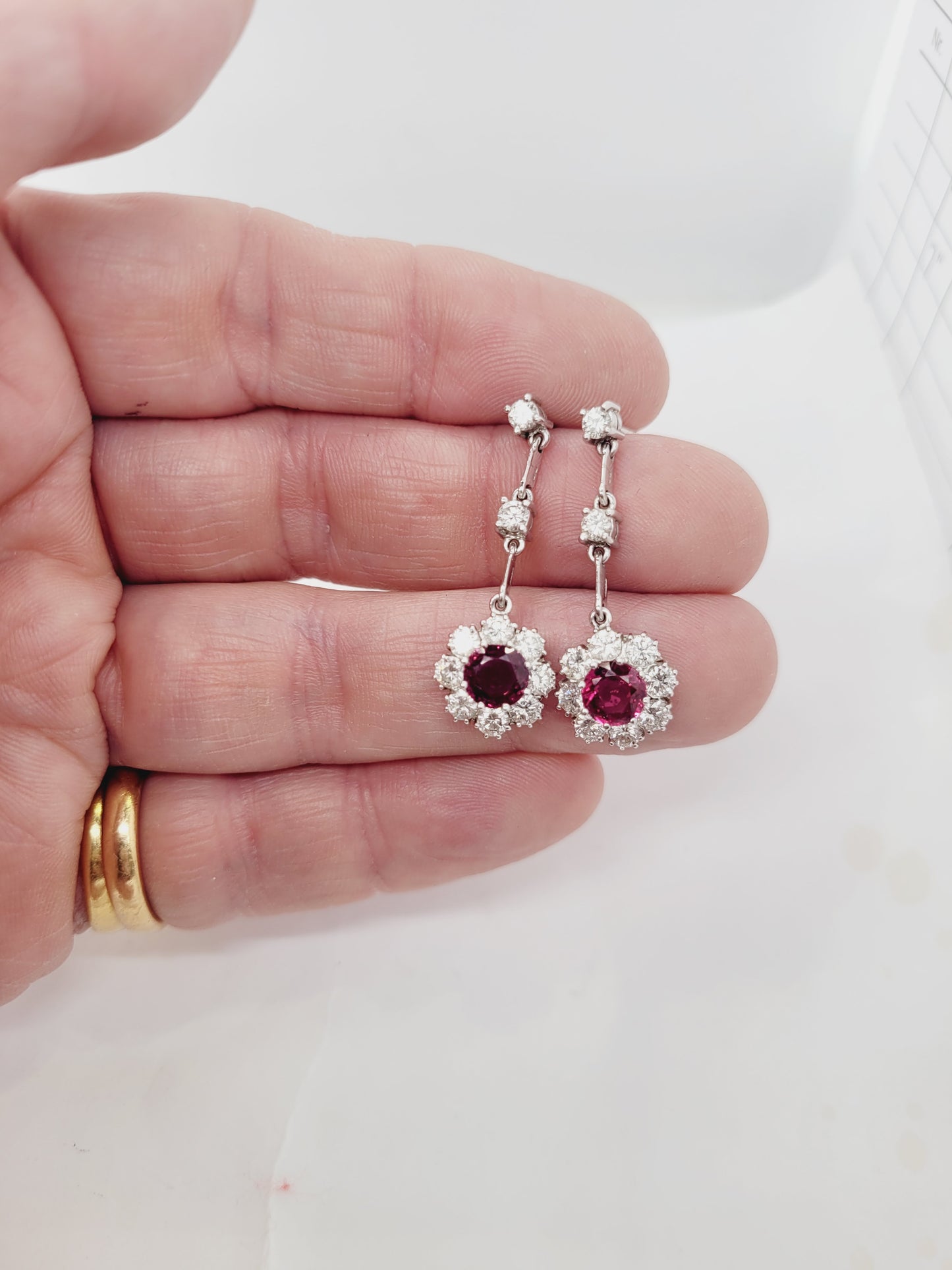 Ruby and diamond cluster drop earrings sku 8712