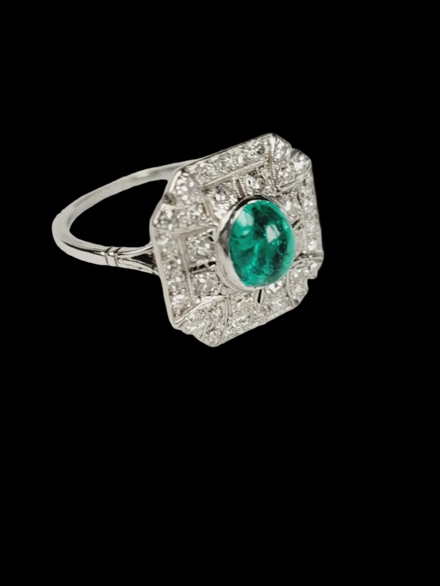 Art deco cabochon emerald and diamond cluster ring SKU 8723
