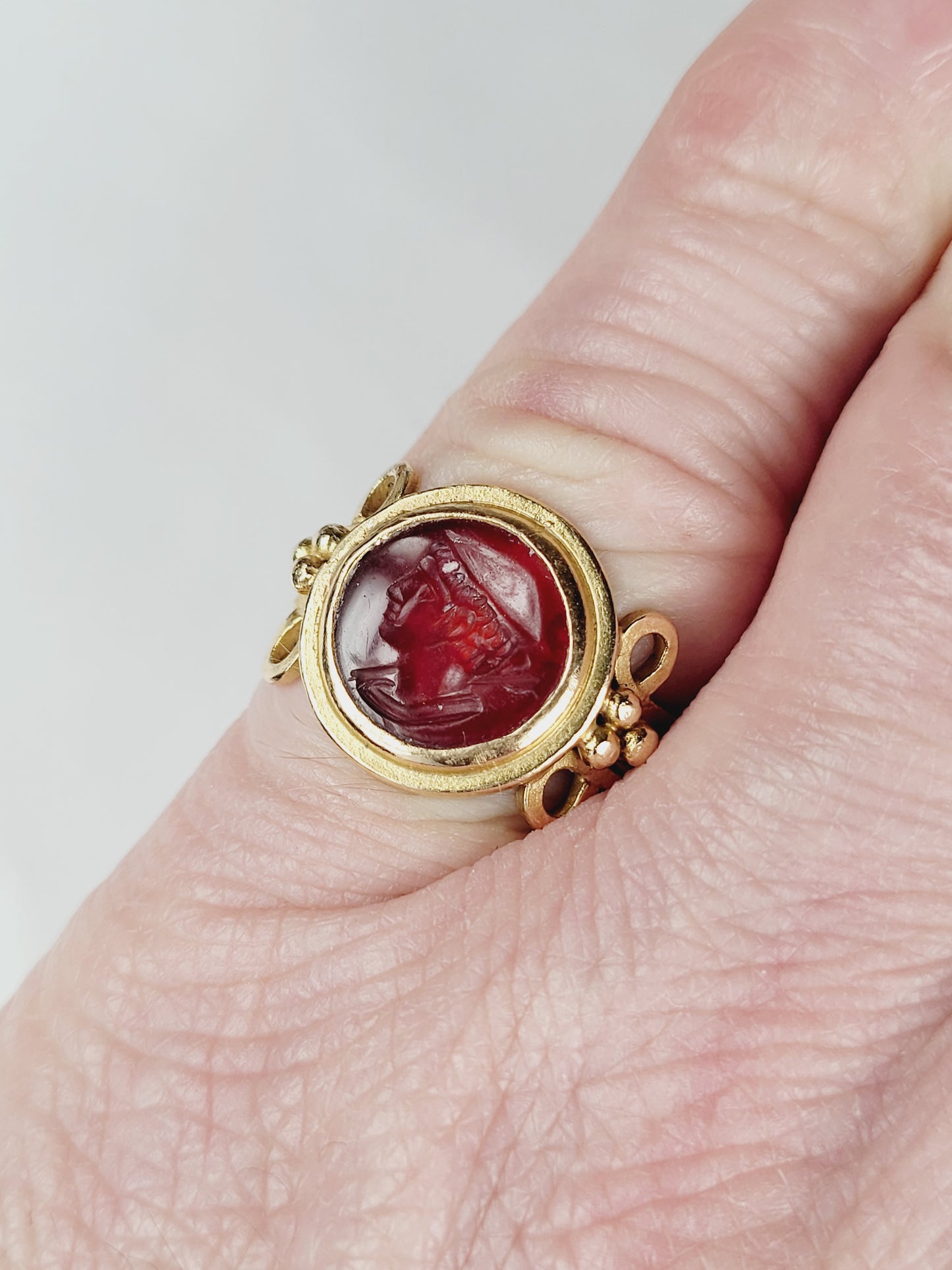 Ancient cornelian intaglio gold signet ring sku 8864
