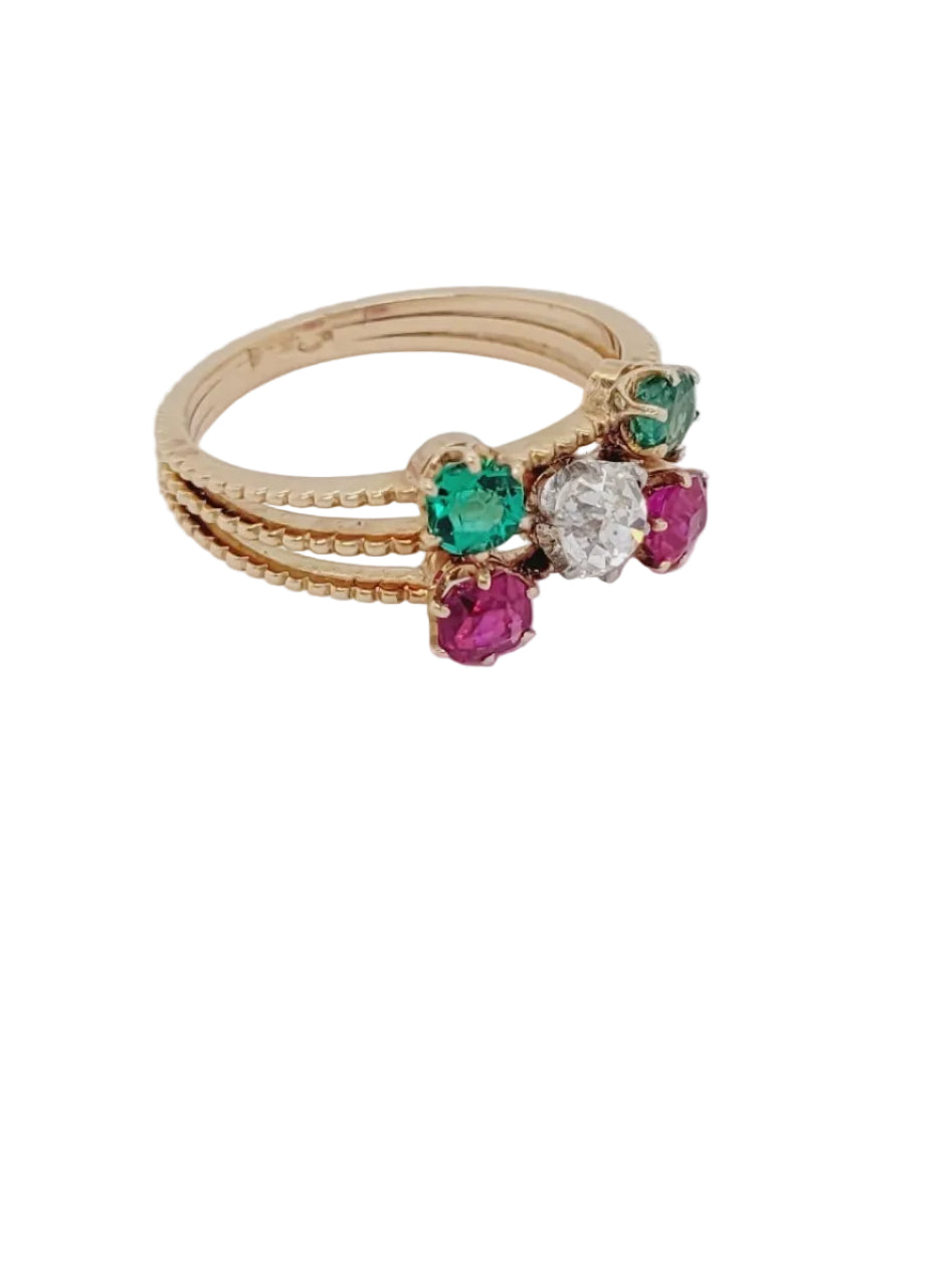 Antique diamond, emerald and ruby dress ring sku 9012