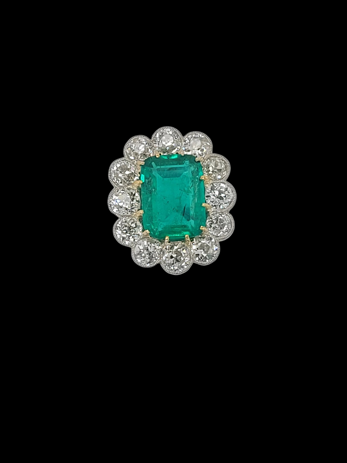 Important Columbian emerald and diamond cluster ring sku 8740