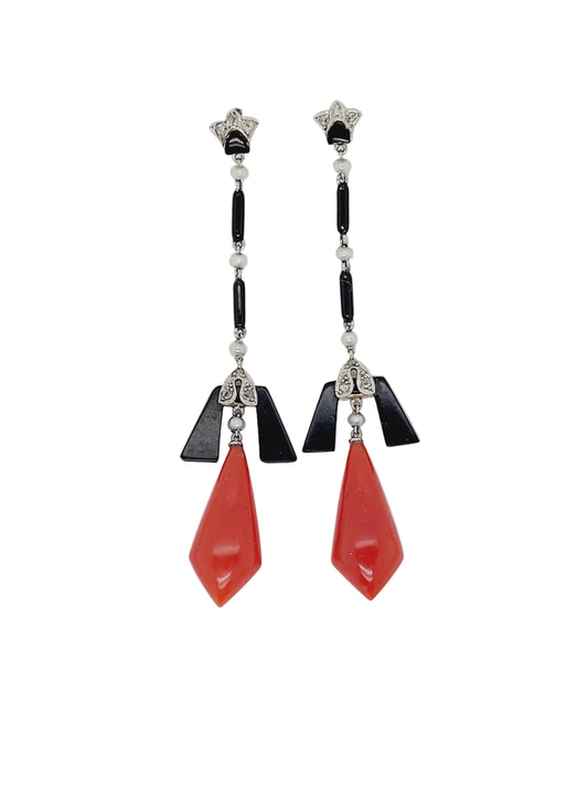 Fine iconic art deco onyx, coral and diamond drop earrings sku 8817