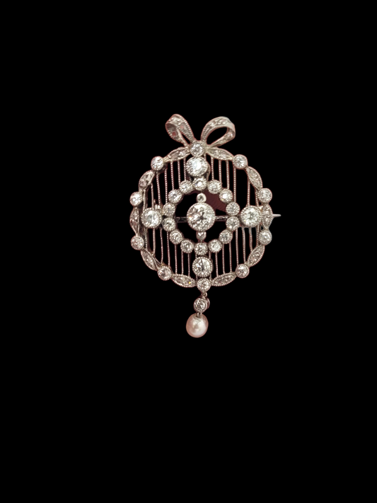 Antique diamond and natural pearl brooch sku 8633