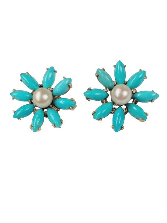 Vintage Turquoise and pearl daisy earrings sku 8908