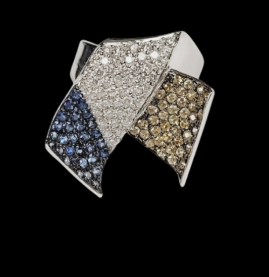 Modern diamond, yellow sapphire and blue sapphire ribbon ring
SKU: 5110