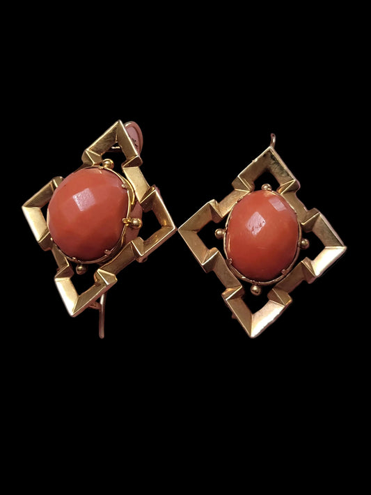 Antique faceted coral gold quatrafoil earrings sku 8681