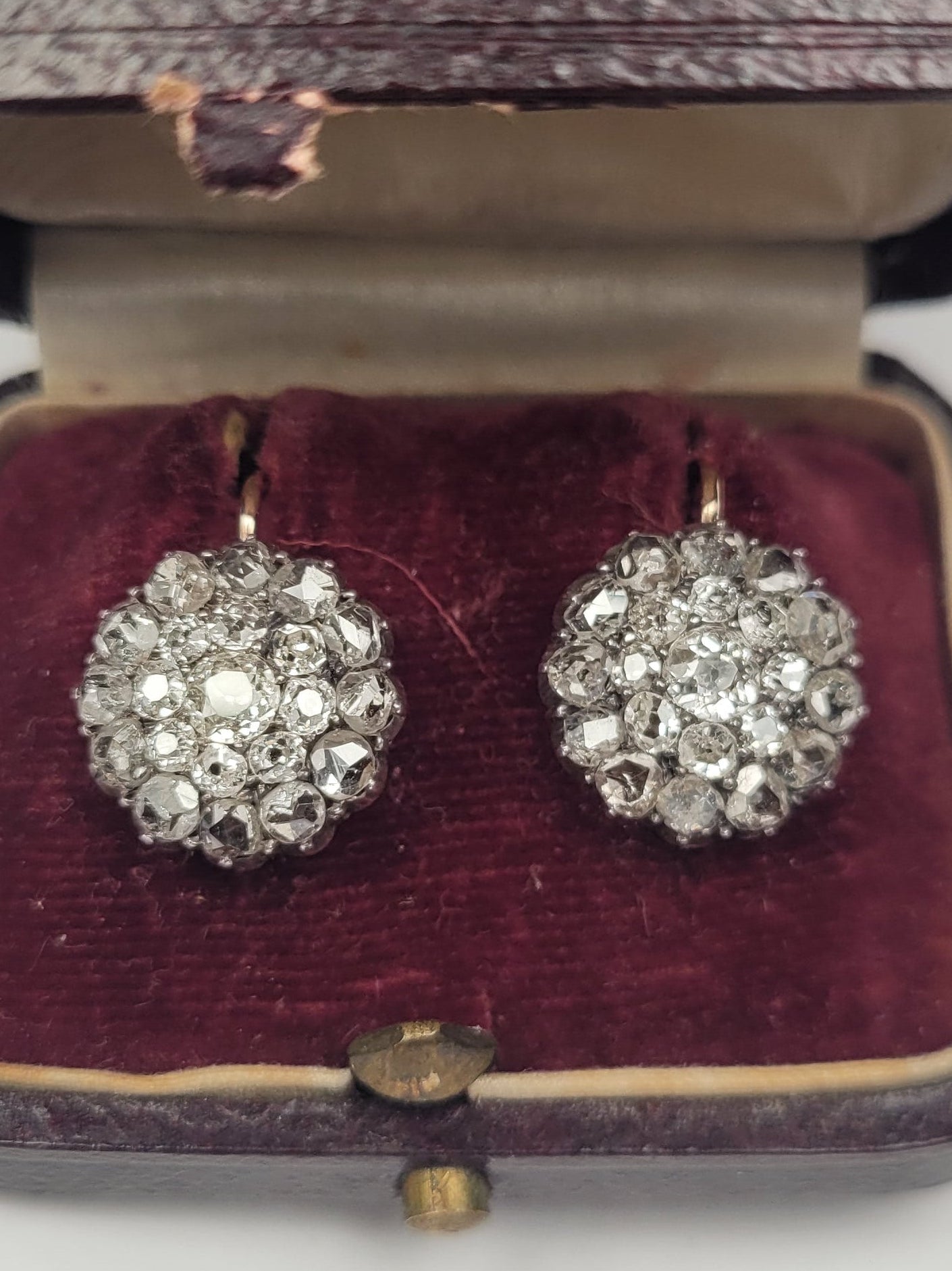 Antique old mine cut diamond cluster drop earrings sku 9120