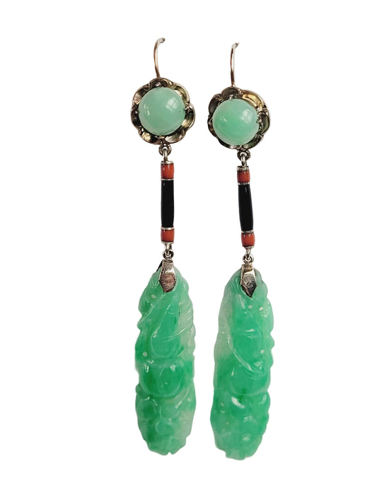 Pair of 1920's Art deco jade with orange and black enamel sku 9181