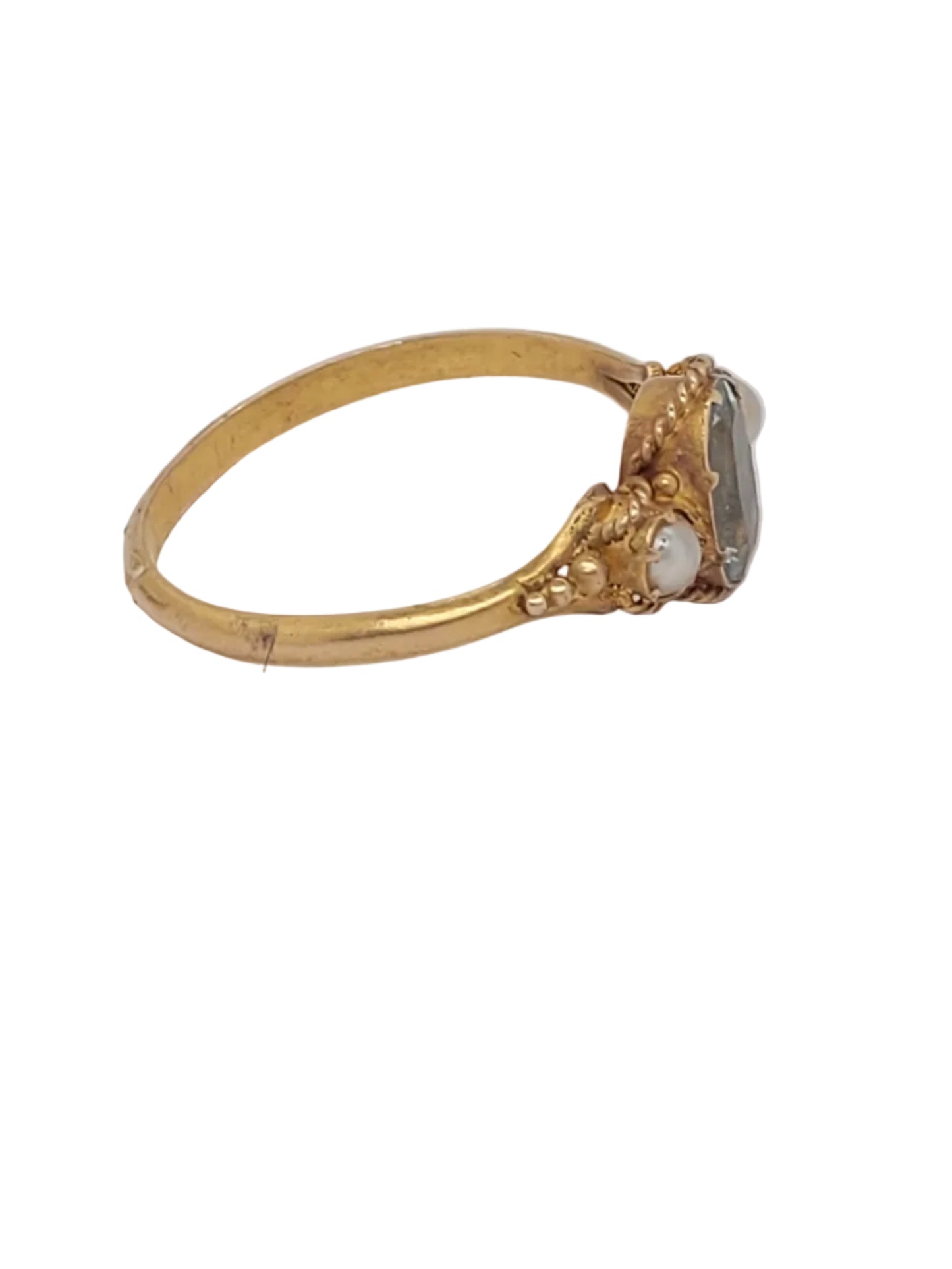 Antique aquamarine and natural pearl ring sku 9168