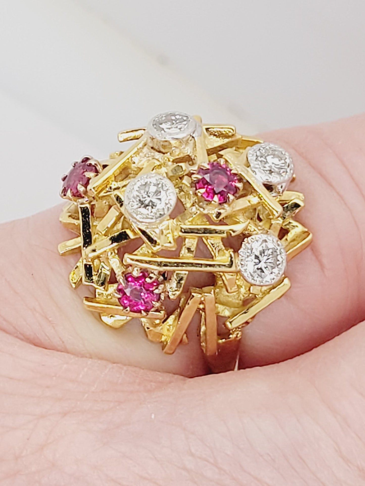 Brutalist 1960's ruby and diamond dress ring sku 8828