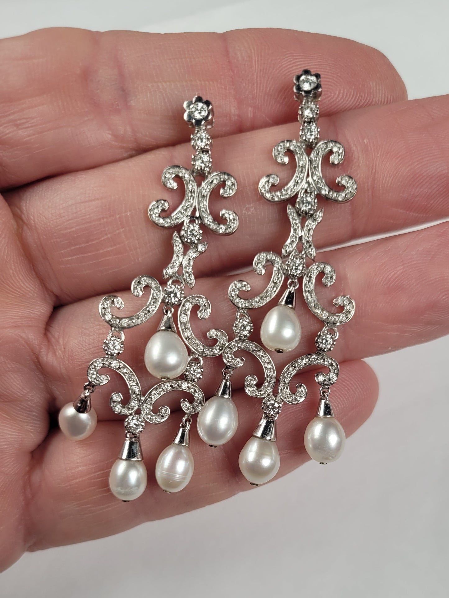 Fancy pearl and diamond drop earrings sku 8726